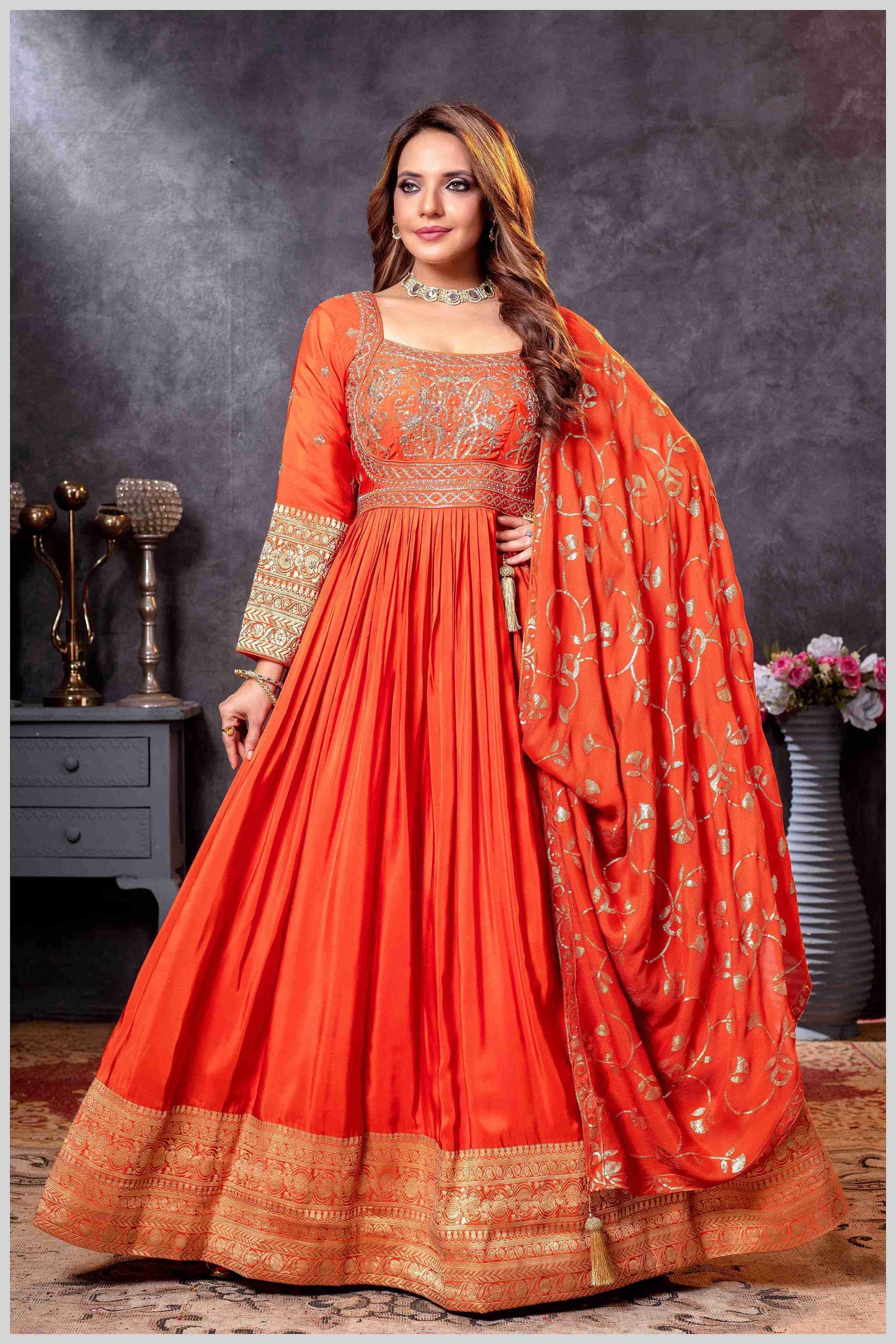 Rust Chinon/Daman Gazi Anarkali Gown with Hand Embroidery