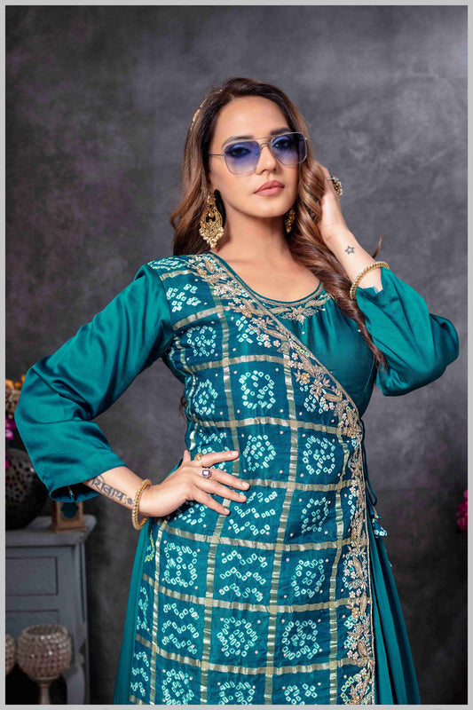 Teal Blue Gown with Embroidered Banarasi Jacket