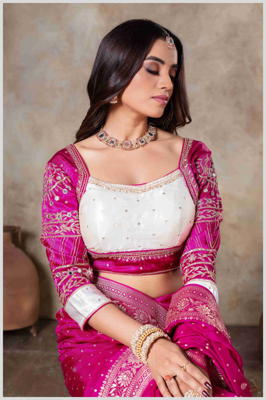 Pink Banarasi Silk Saree with Stitched Blouse