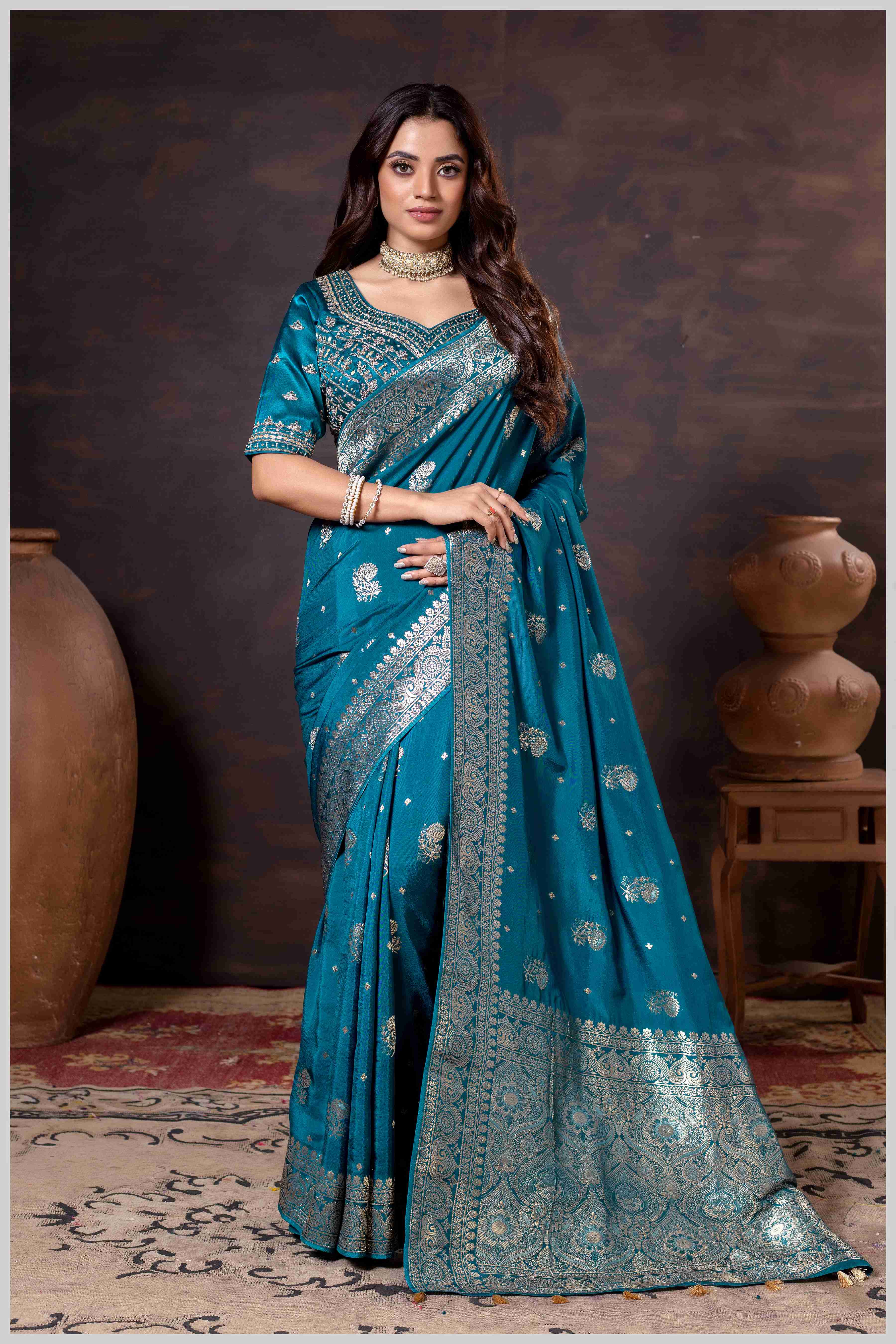 Majestic Dark Rama Crepe Silk With Zari Woven Saree.