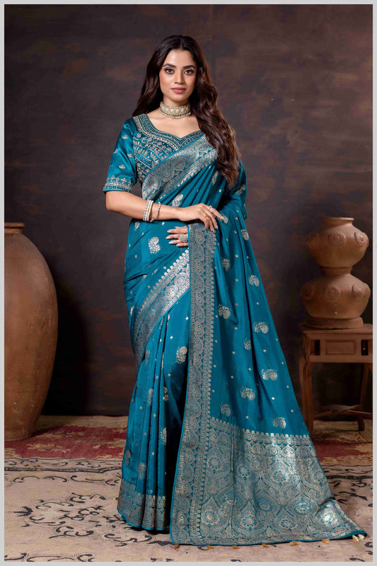 Majestic Dark Rama Crepe Silk With Zari Woven Saree.