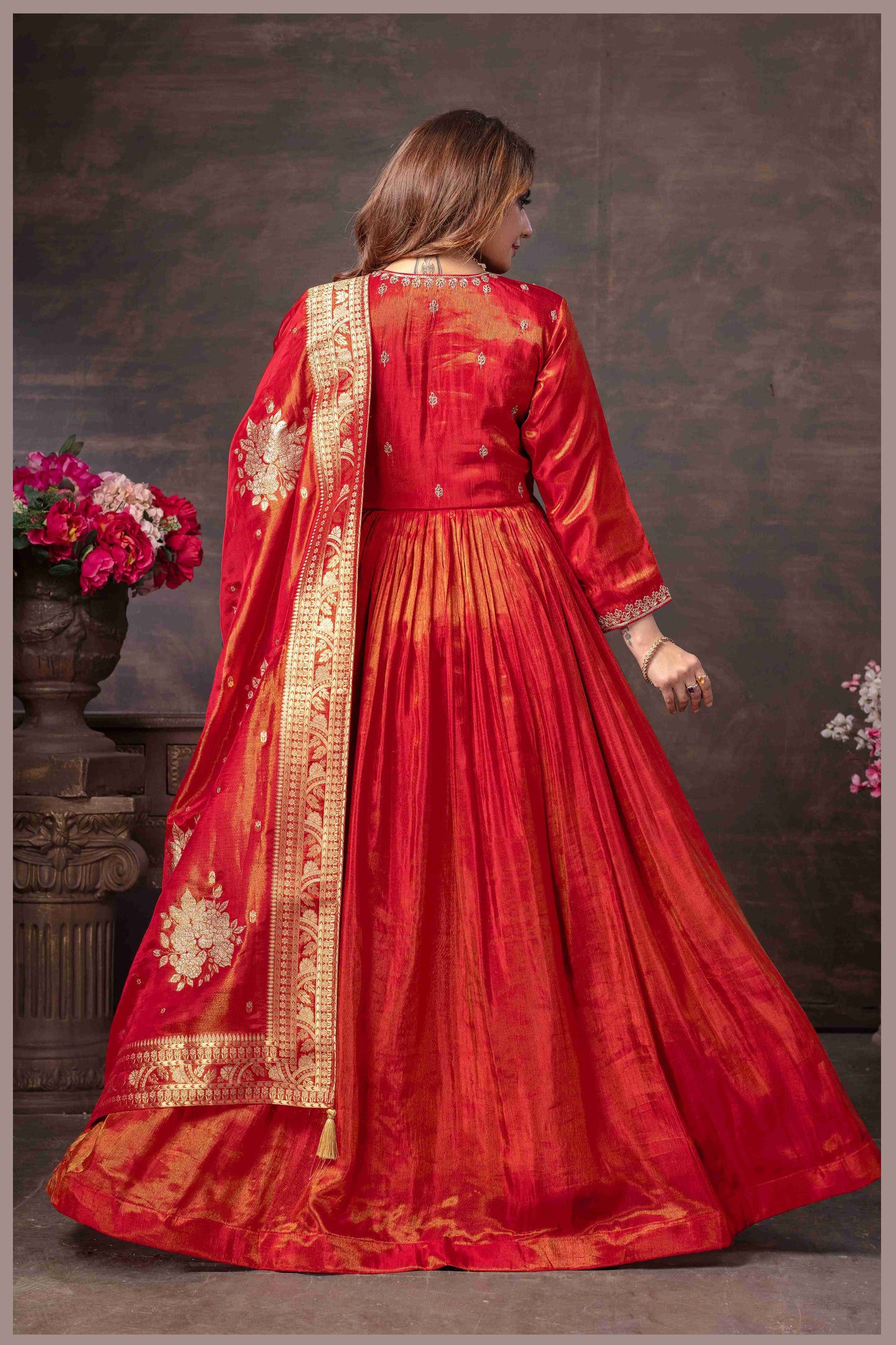Rust Red Tissue Silk Anarkali Gown with Banarasi Dupatta