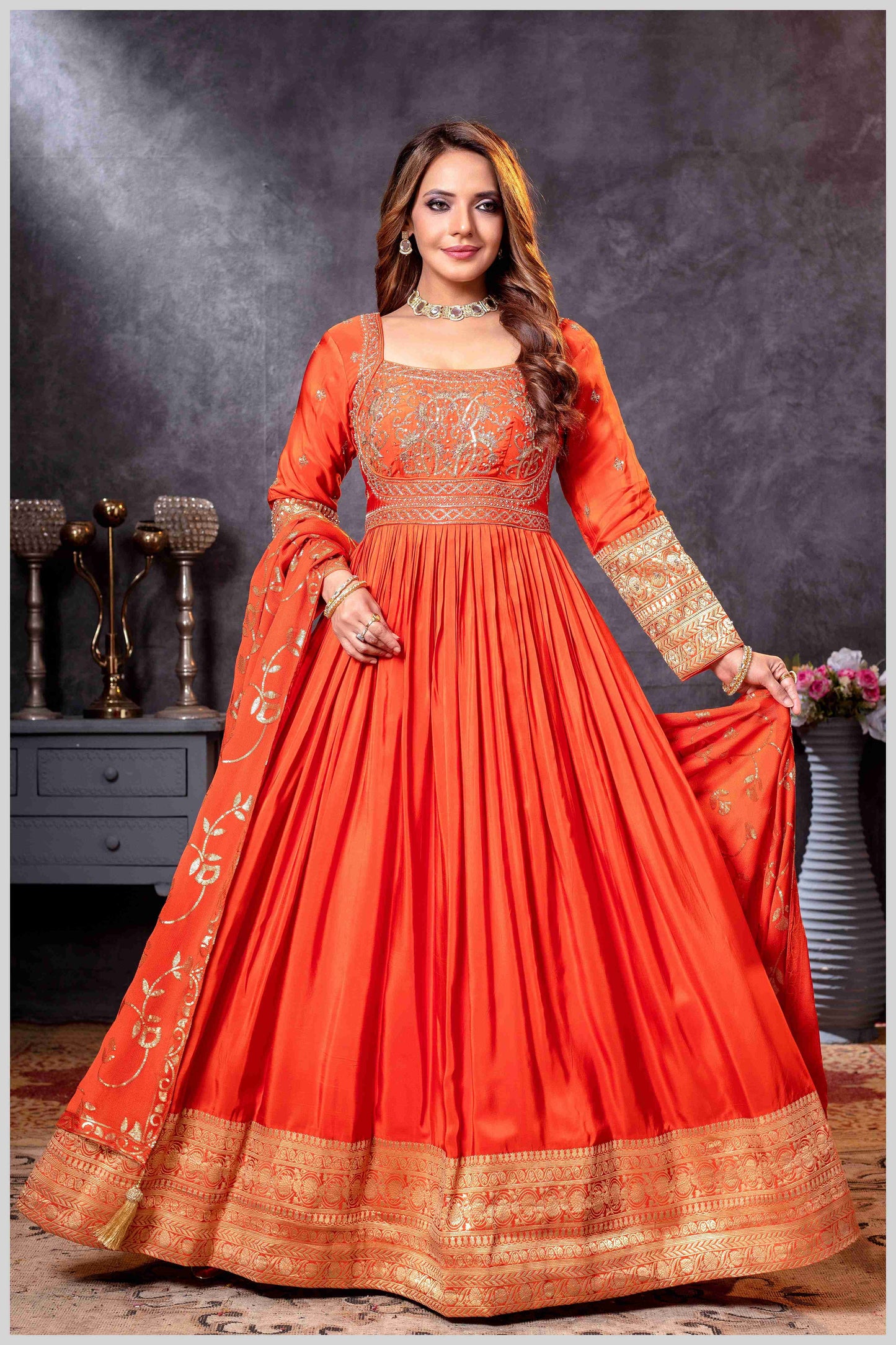 Rust Chinon/Daman Gazi Anarkali Gown with Hand Embroidery