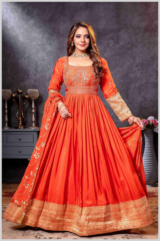 Rust Chinon/Daman Gazi Anarkali Gown with Hand Embroidery