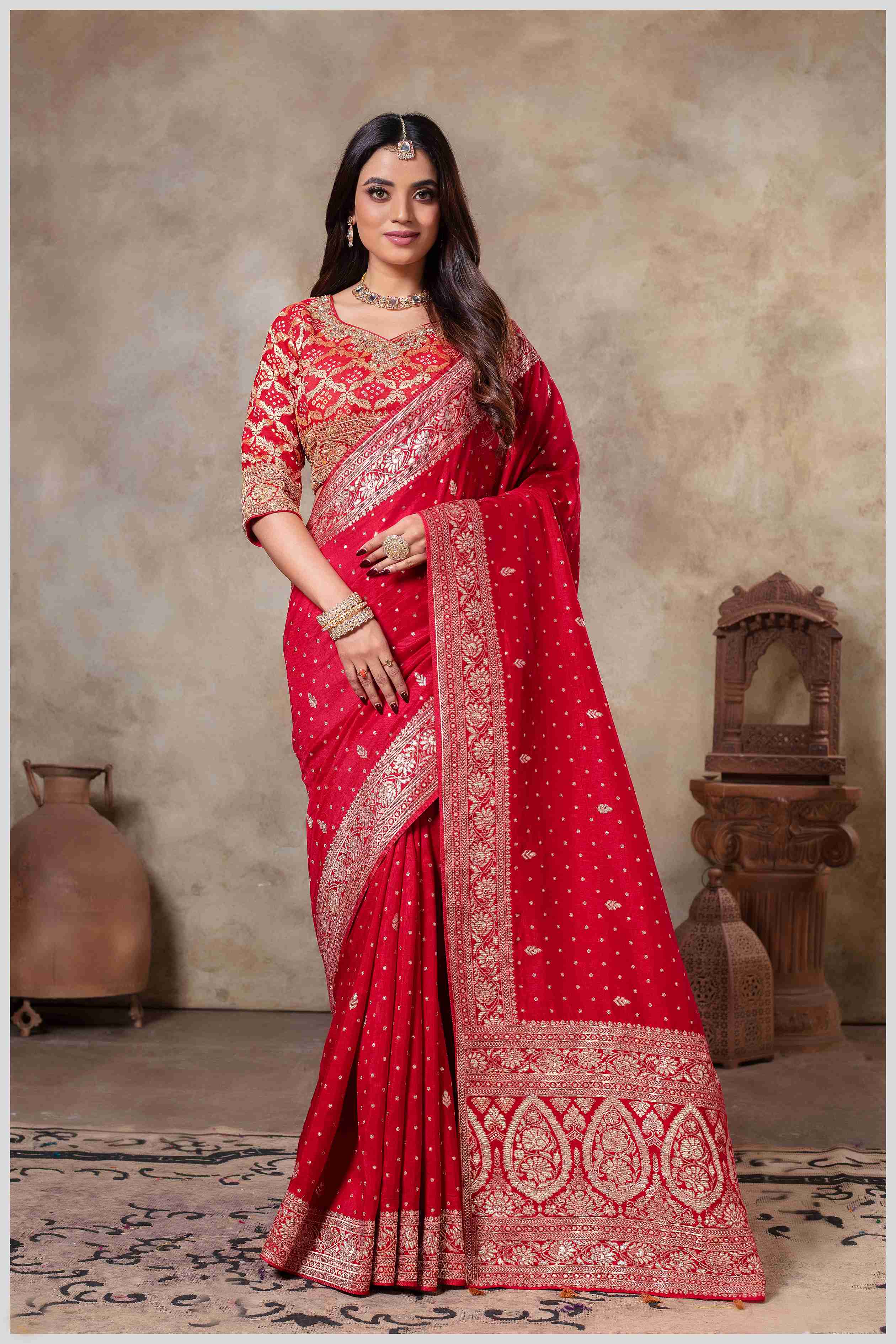 Royal Radiance: Red Banarasi Saree with Silver Zari Detailing