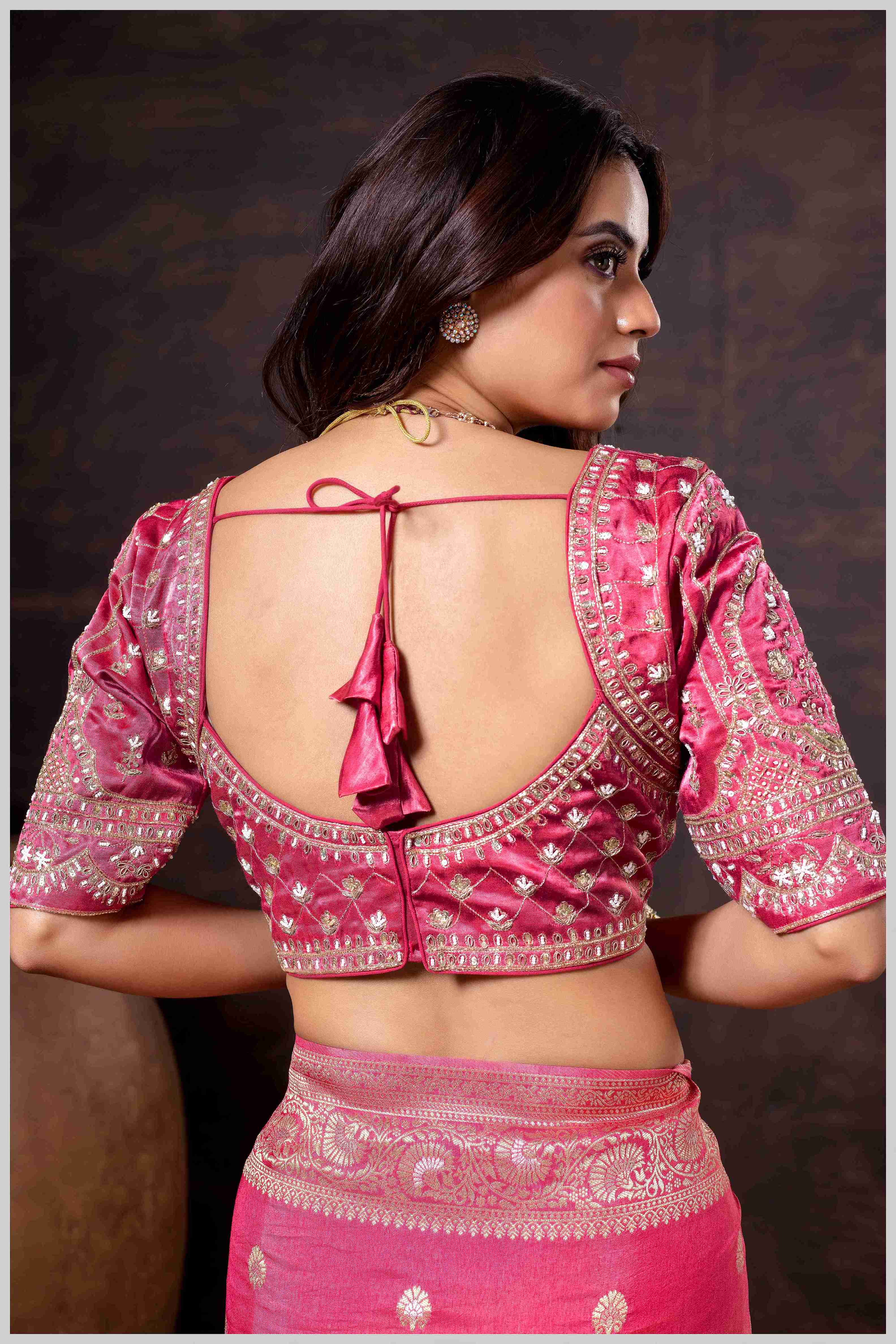 Charming Peach Banarasi Silk Saree with Embroidered Designer Blouse.