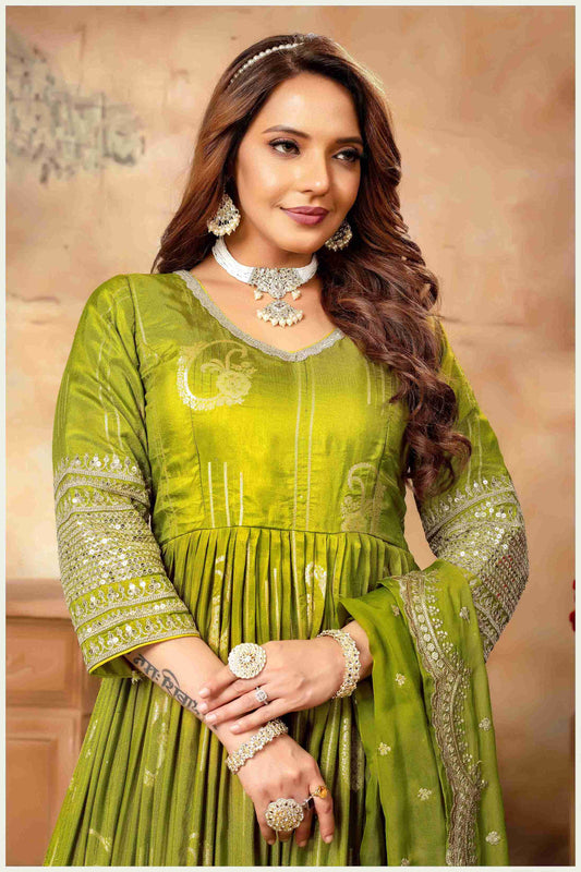 the Spotlight in This Vibrant Green Silk Anarkali Gown