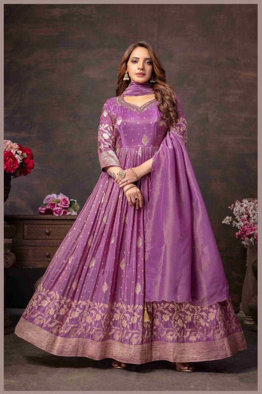 Mauve Anarkali with Zari Floral Dupatta