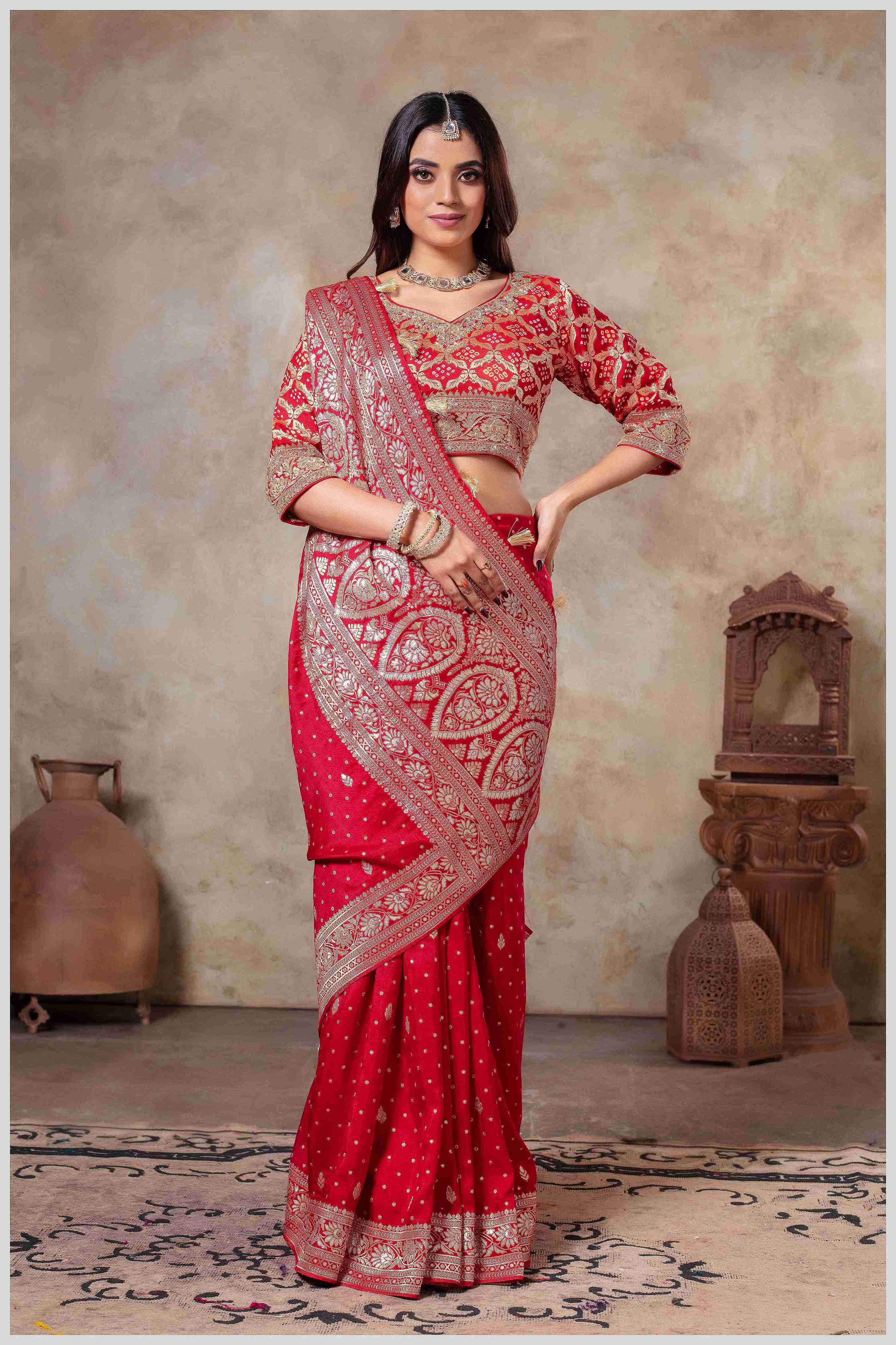 Royal Radiance: Red Banarasi Saree with Silver Zari Detailing
