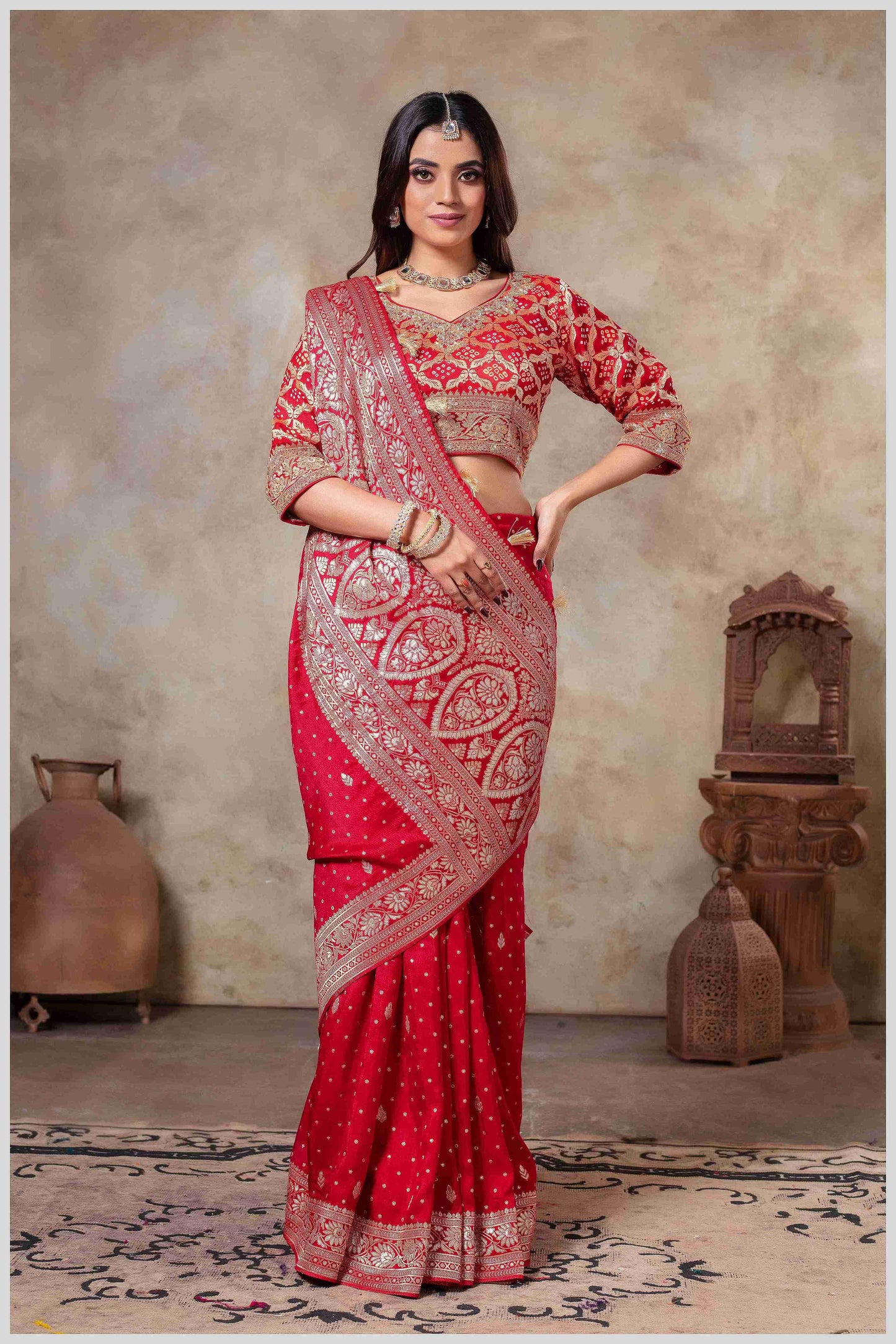 Royal Radiance: Red Banarasi Saree with Silver Zari Detailing