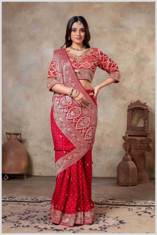 Royal Radiance: Red Banarasi Saree with Silver Zari Detailing