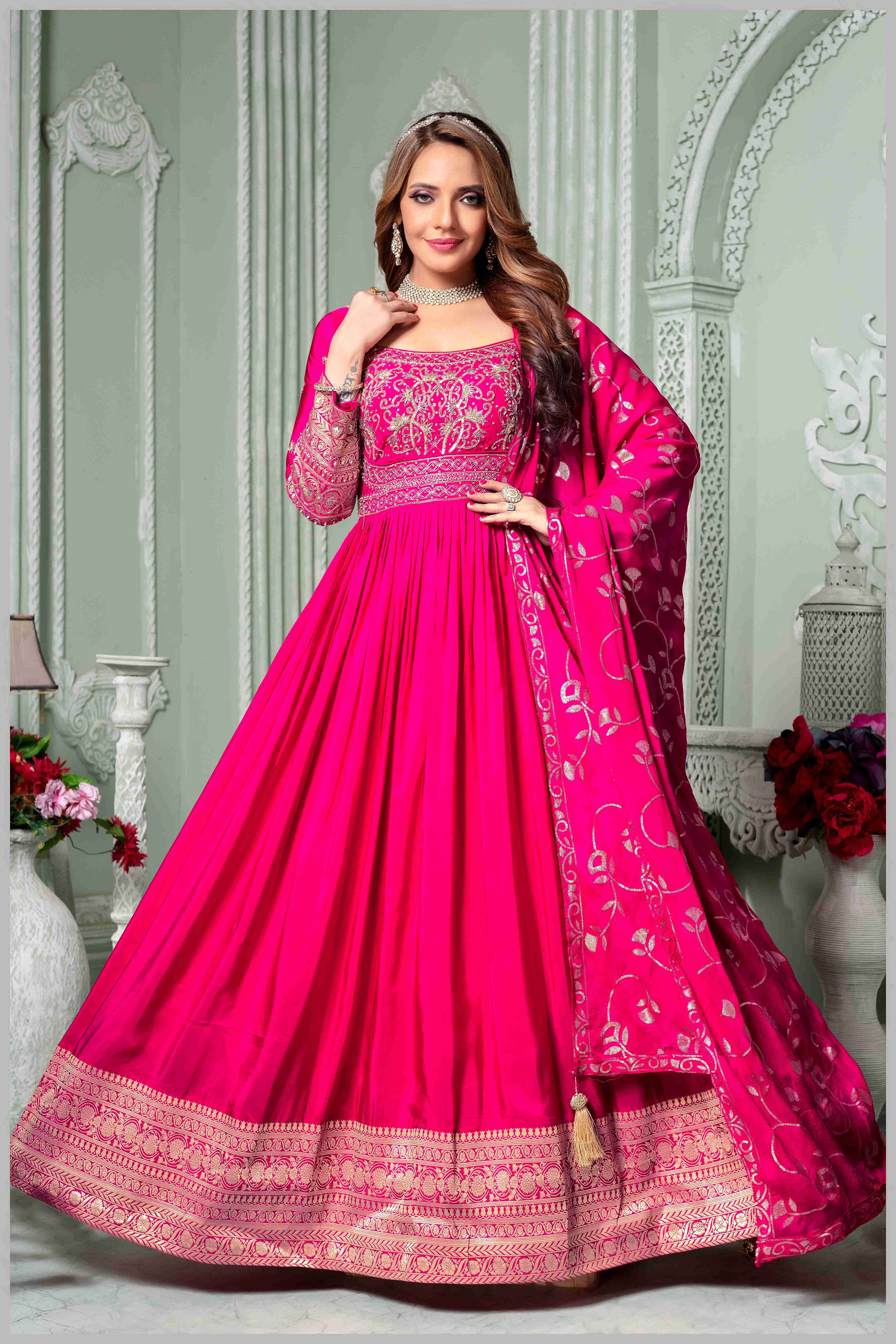 Dark Pink Chinon/Daman Gazi Anarkali Gown with Hand Embroidery