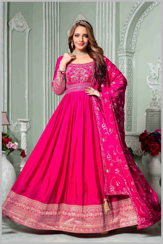 Dark Pink Chinon/Daman Gazi Anarkali Gown with Hand Embroidery