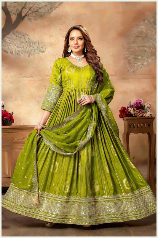 the Spotlight in This Vibrant Green Silk Anarkali Gown
