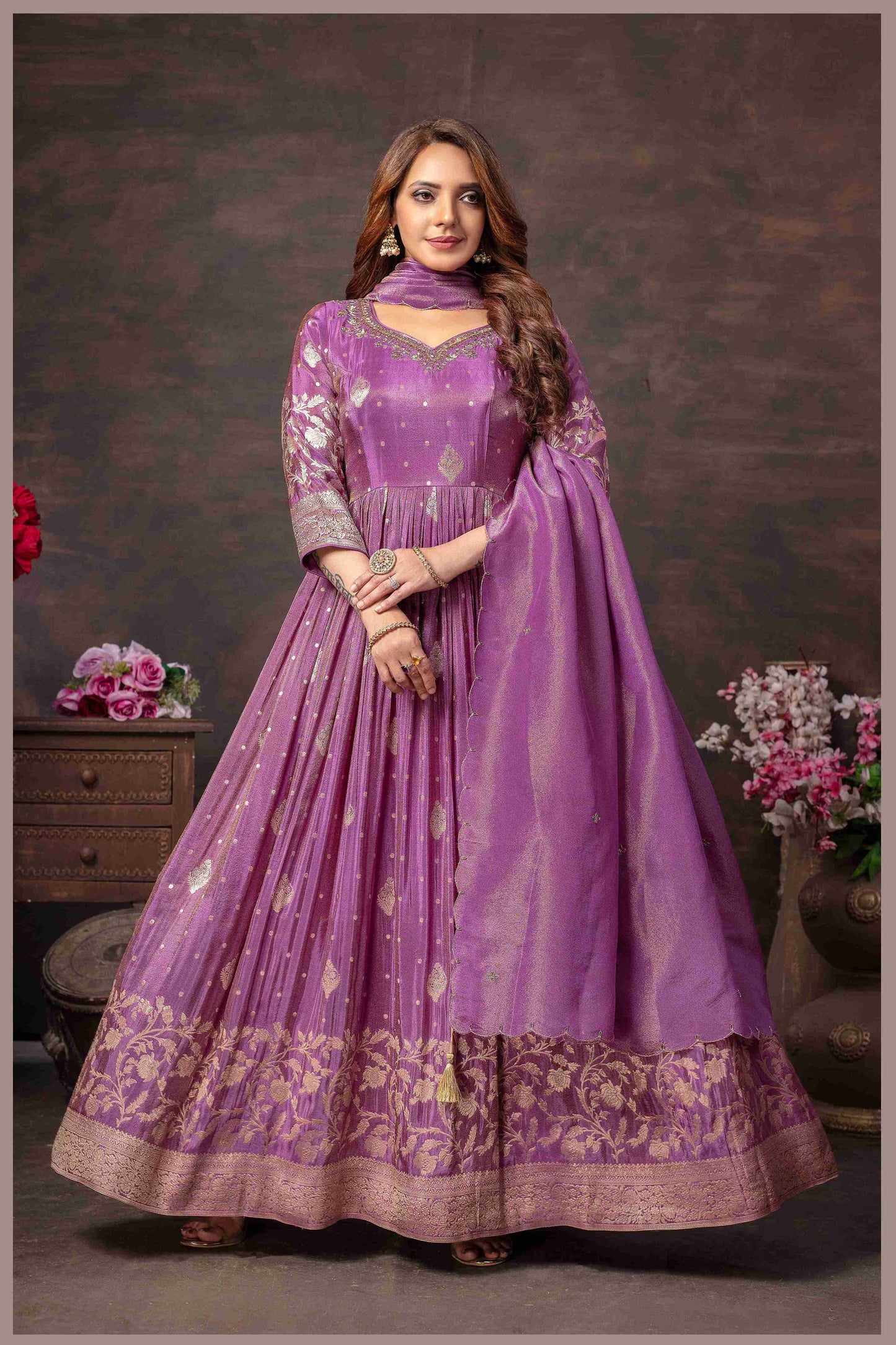 Mauve Anarkali with Zari Floral Dupatta