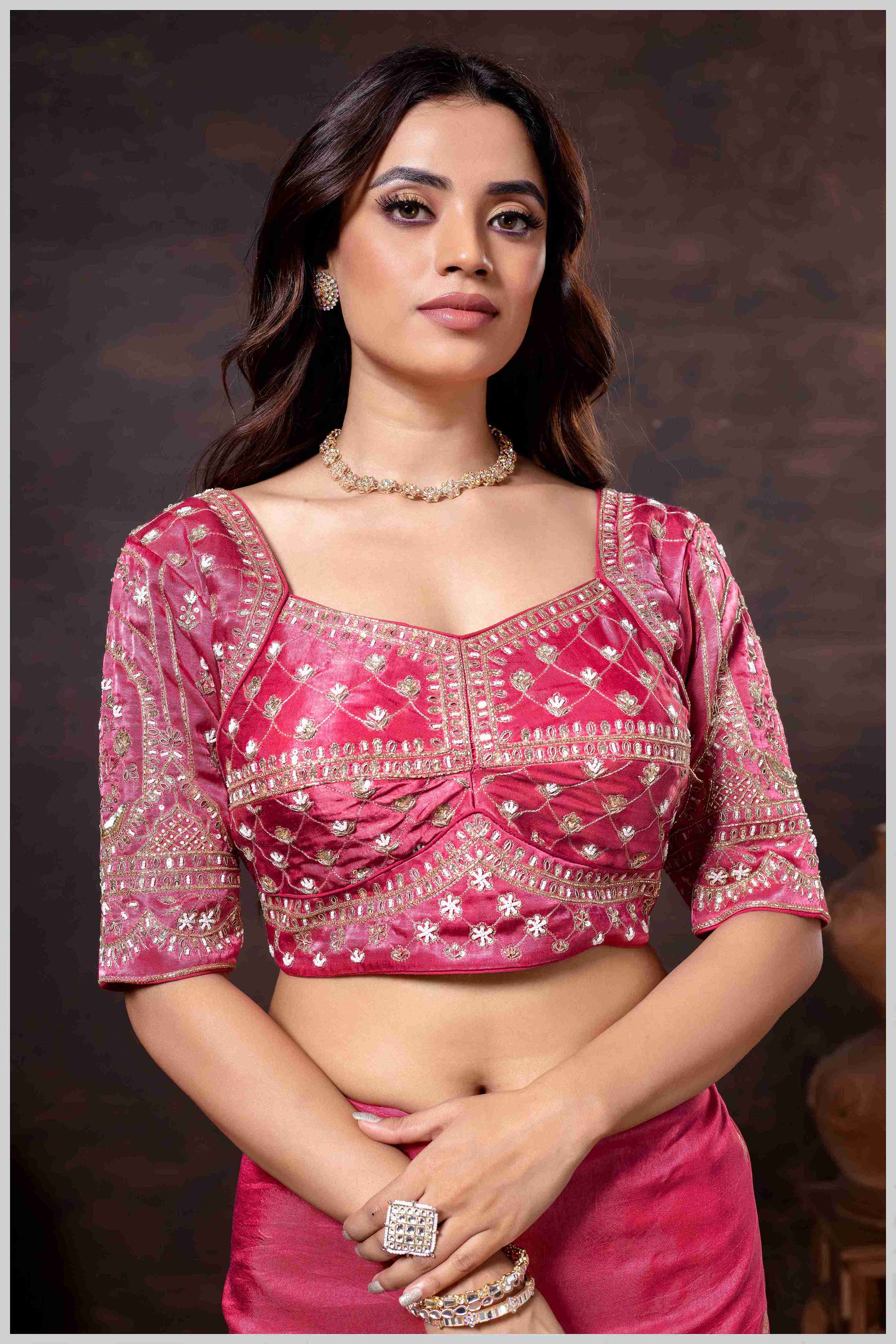 Charming Peach Banarasi Silk Saree with Embroidered Designer Blouse.