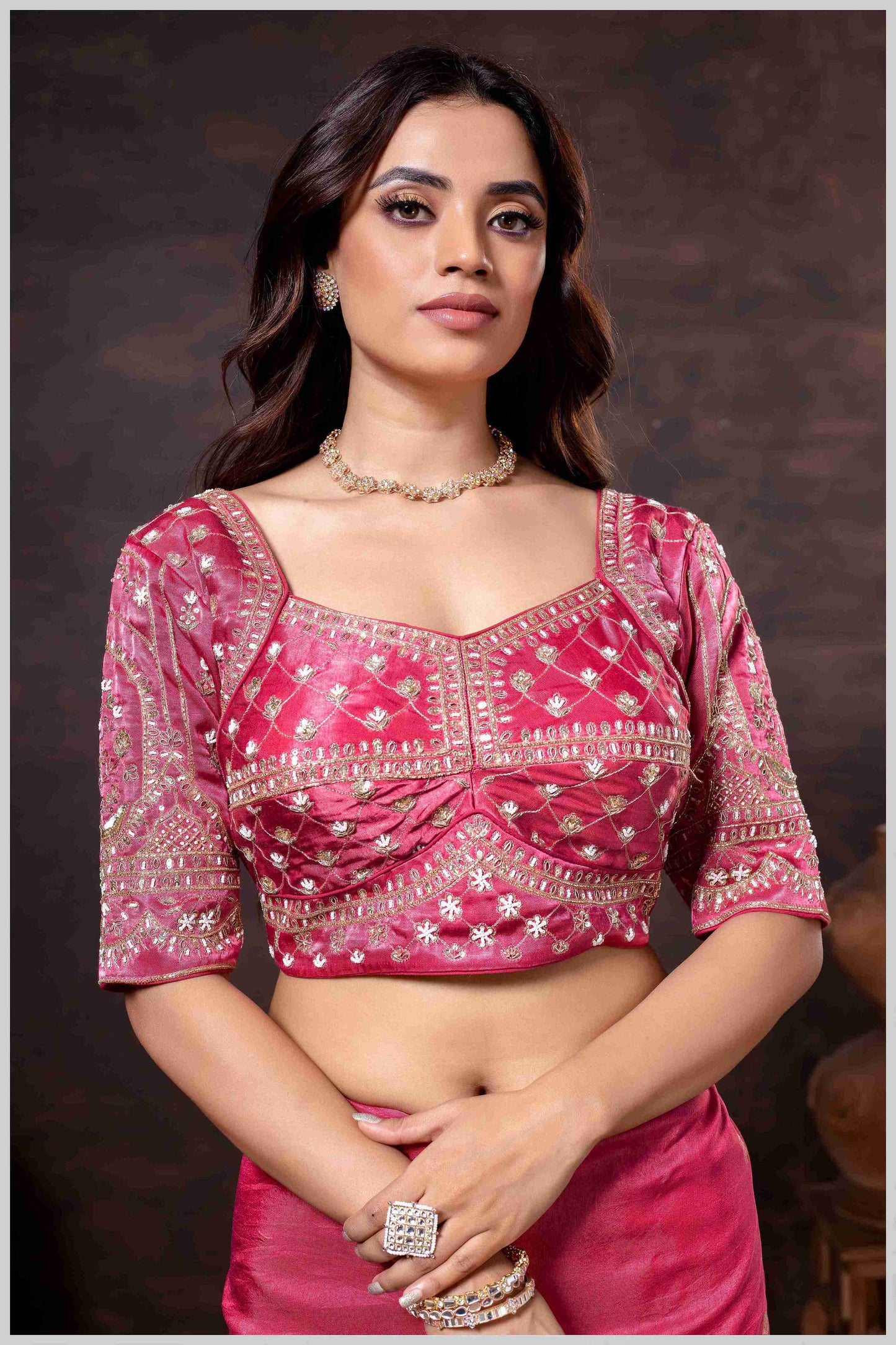 Charming Peach Banarasi Silk Saree with Embroidered Designer Blouse.