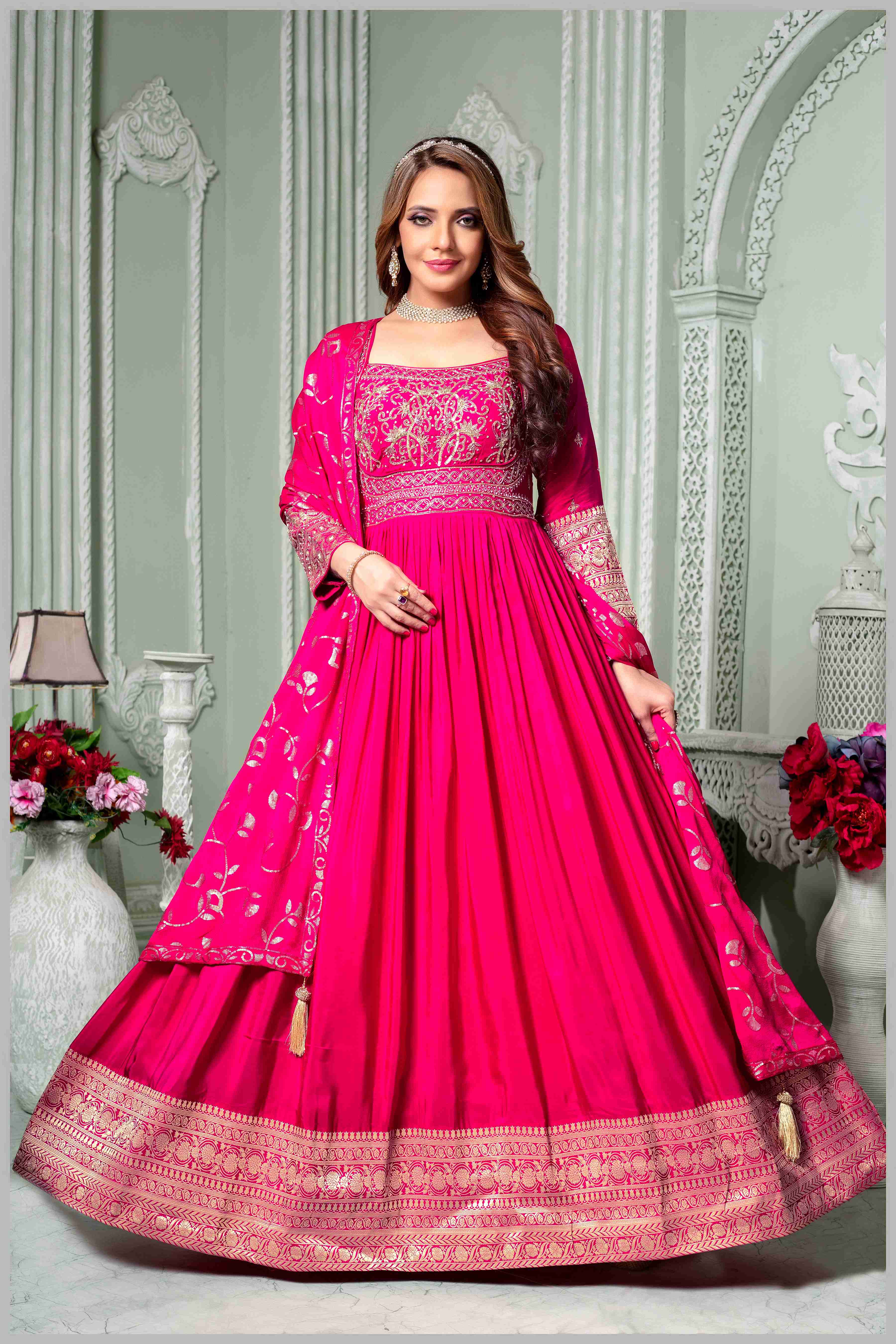 Dark Pink Chinon/Daman Gazi Anarkali Gown with Hand Embroidery