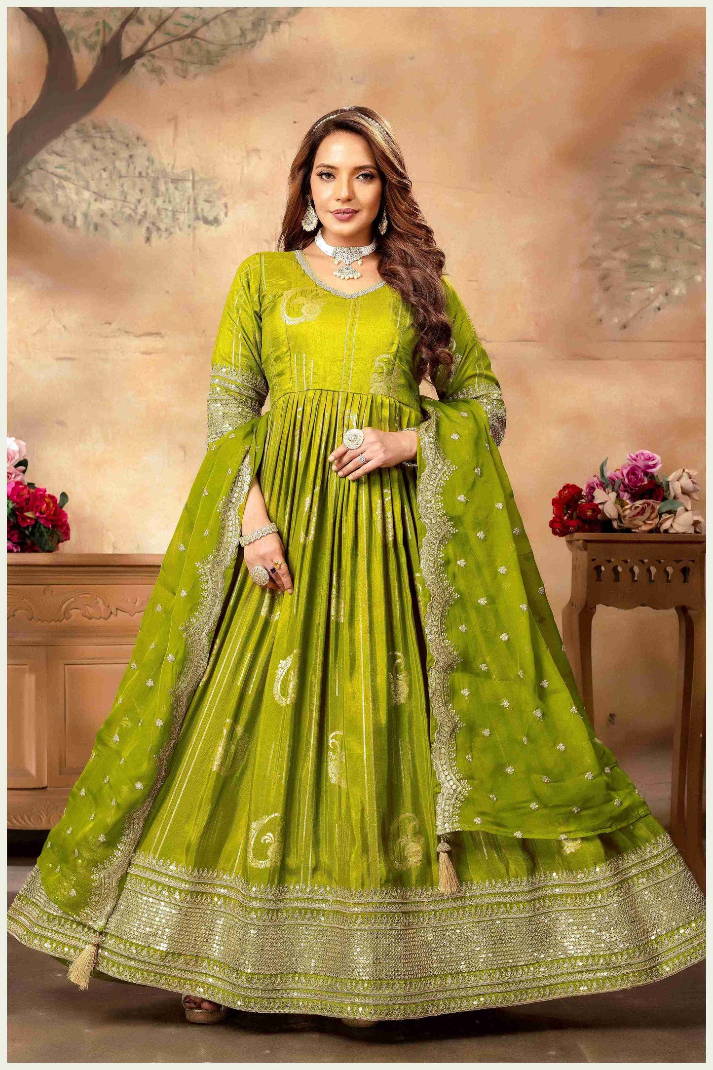 the Spotlight in This Vibrant Green Silk Anarkali Gown