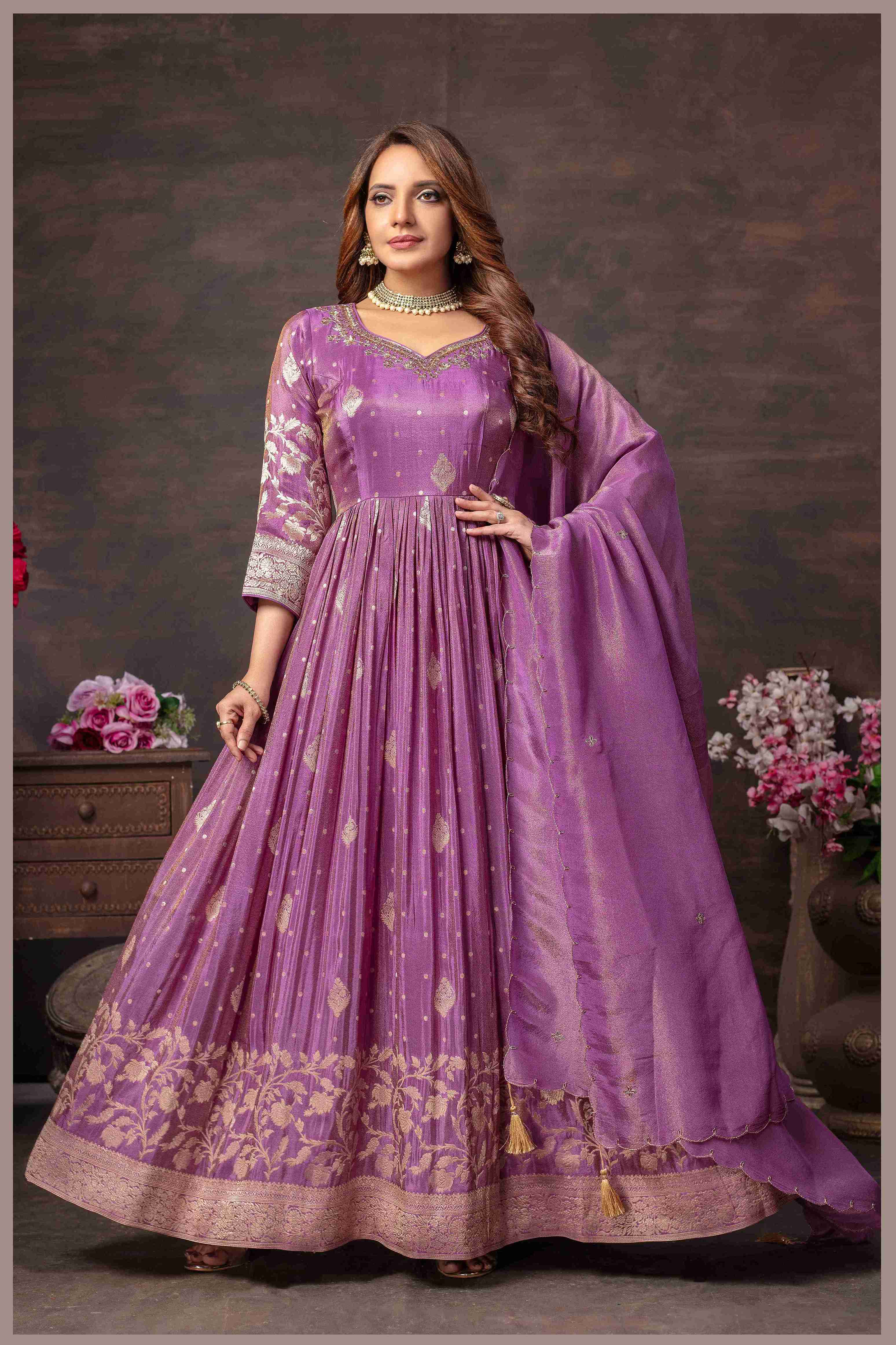 Mauve Anarkali with Zari Floral Dupatta