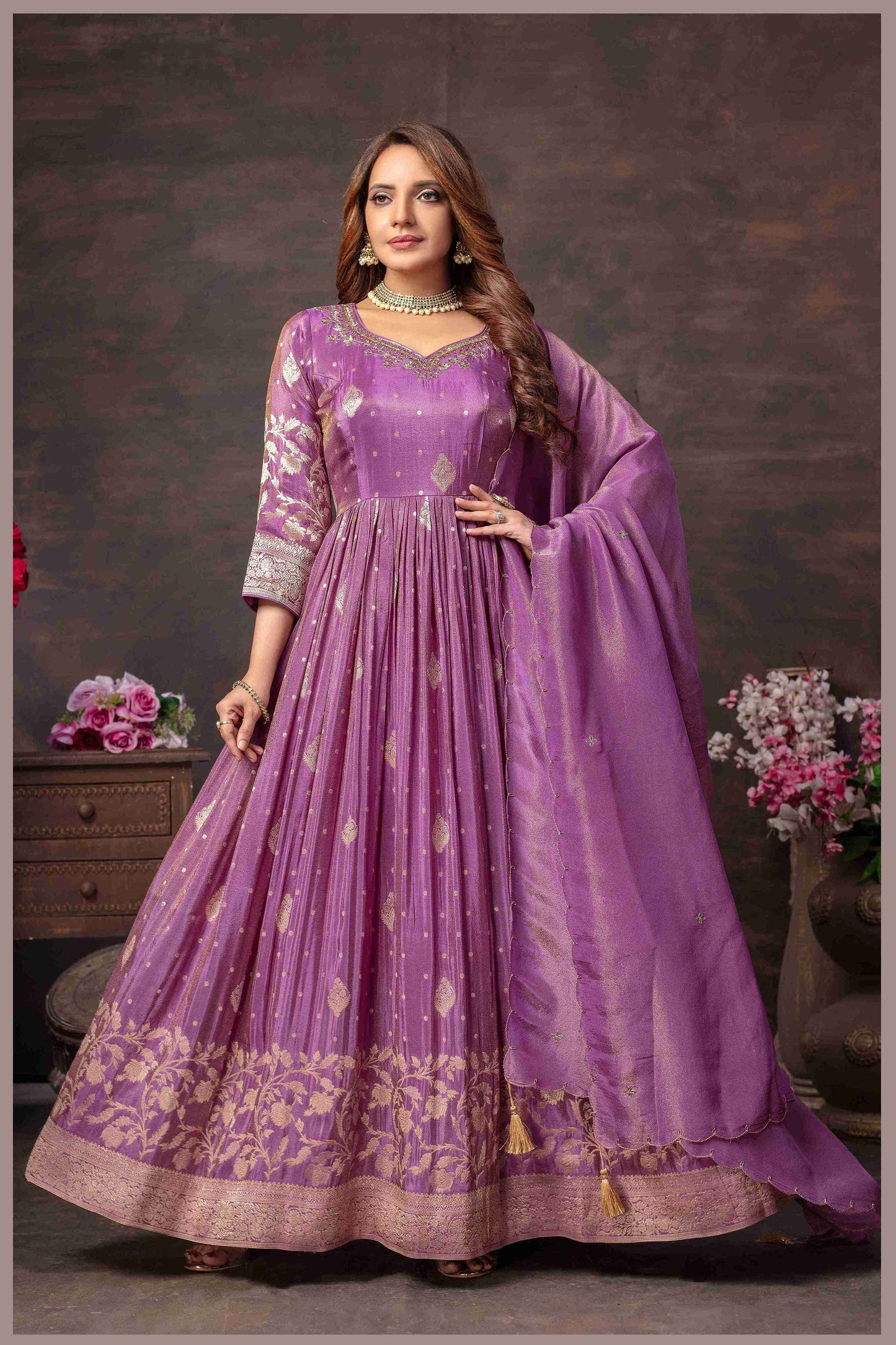 Mauve Anarkali with Zari Floral Dupatta