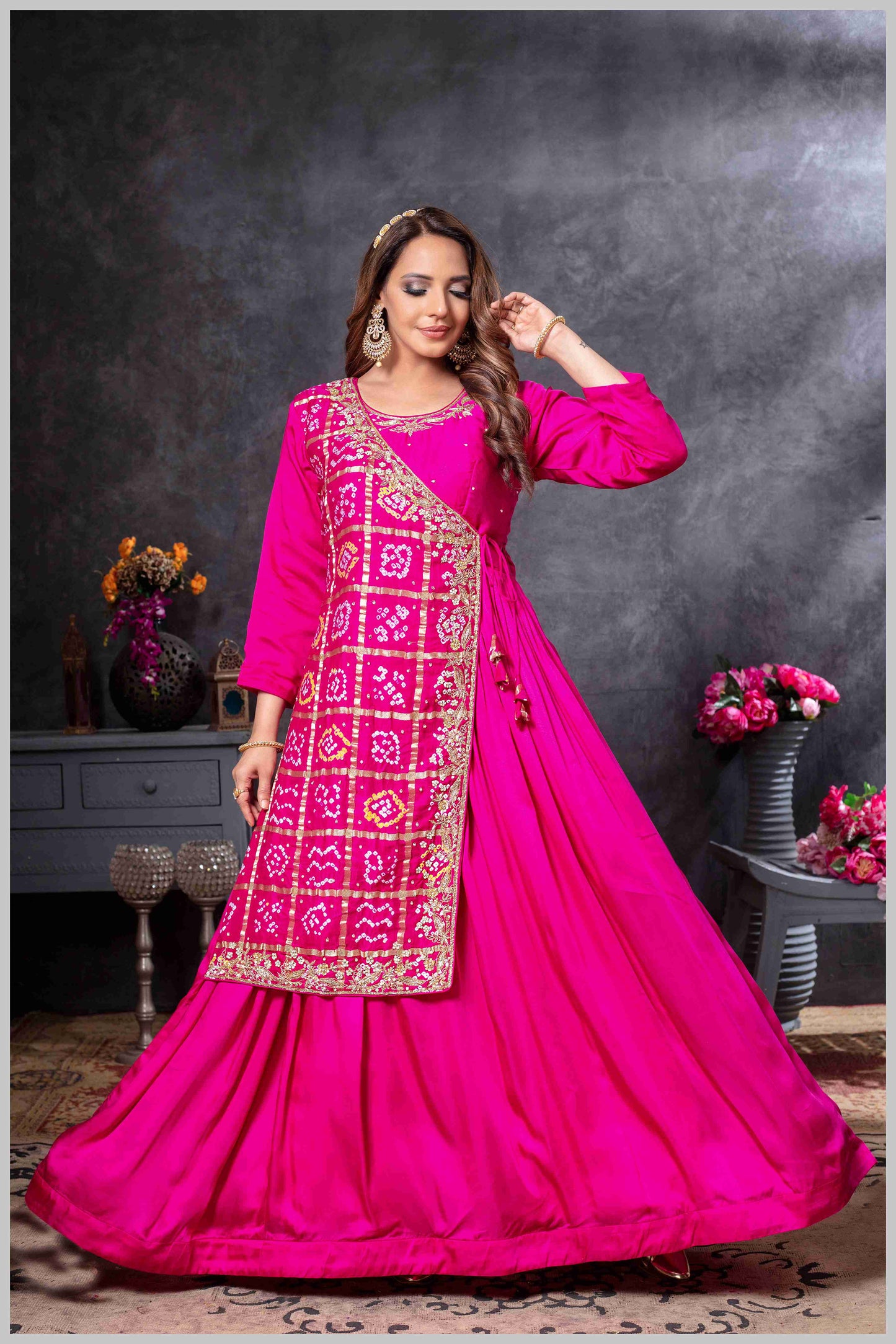 Pink Gown with Embroidered Banarasi Jacket