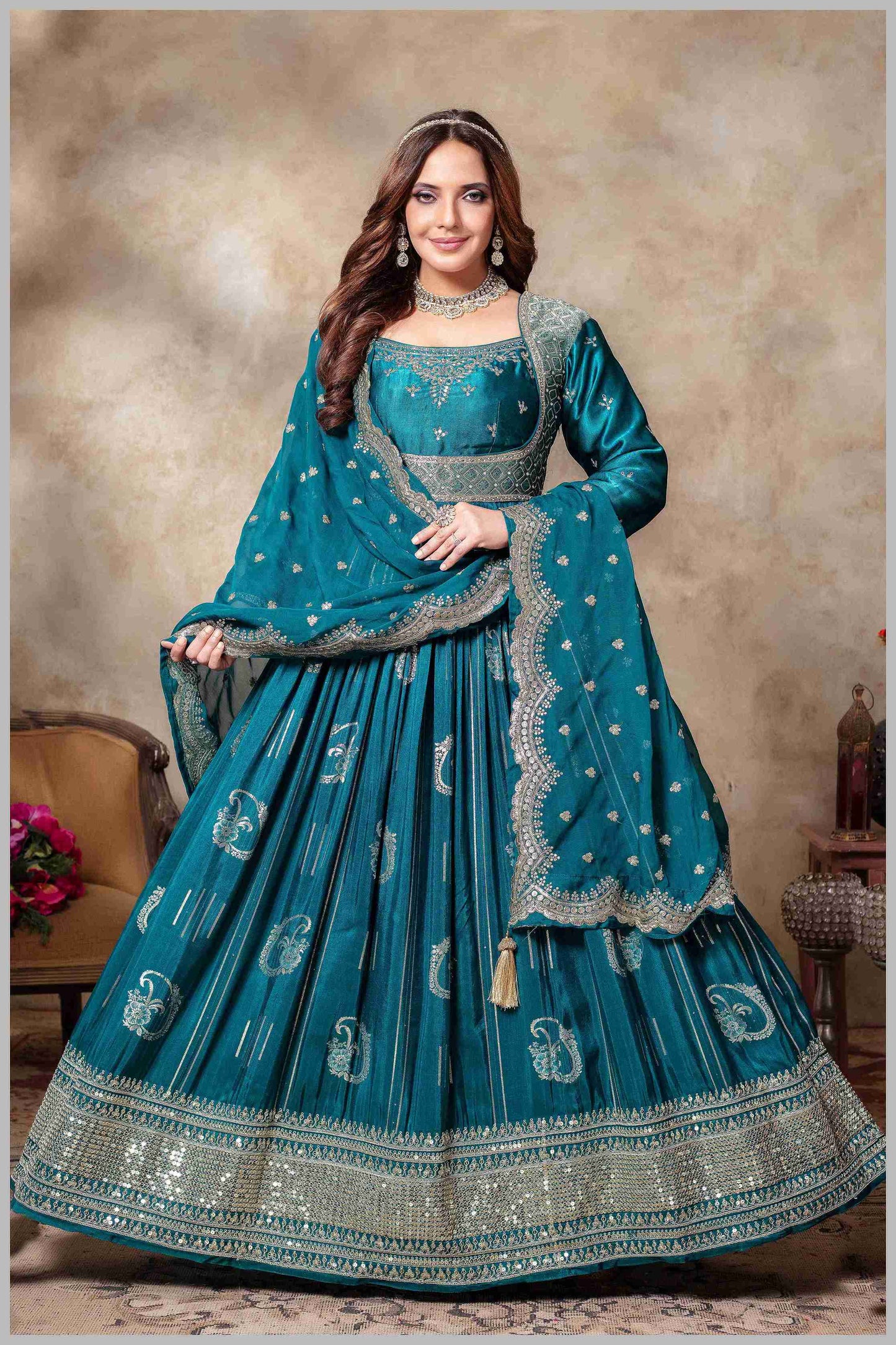 Teal Blue Banarasi Silk Anarkali Gown with Sequin Embroidery Dupatta