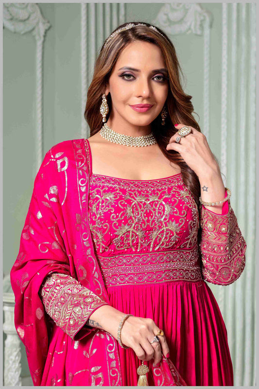 Dark Pink Chinon/Daman Gazi Anarkali Gown with Hand Embroidery
