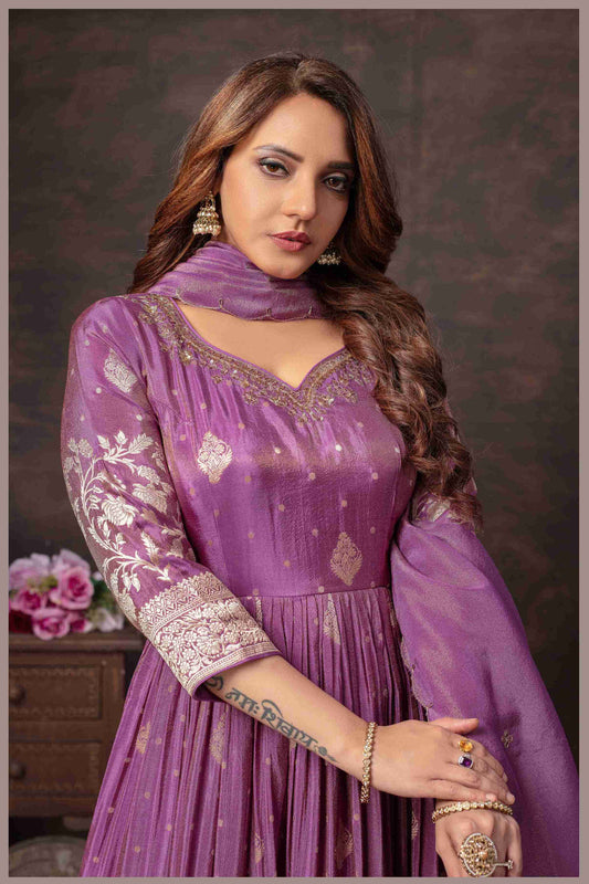 Mauve Anarkali with Zari Floral Dupatta