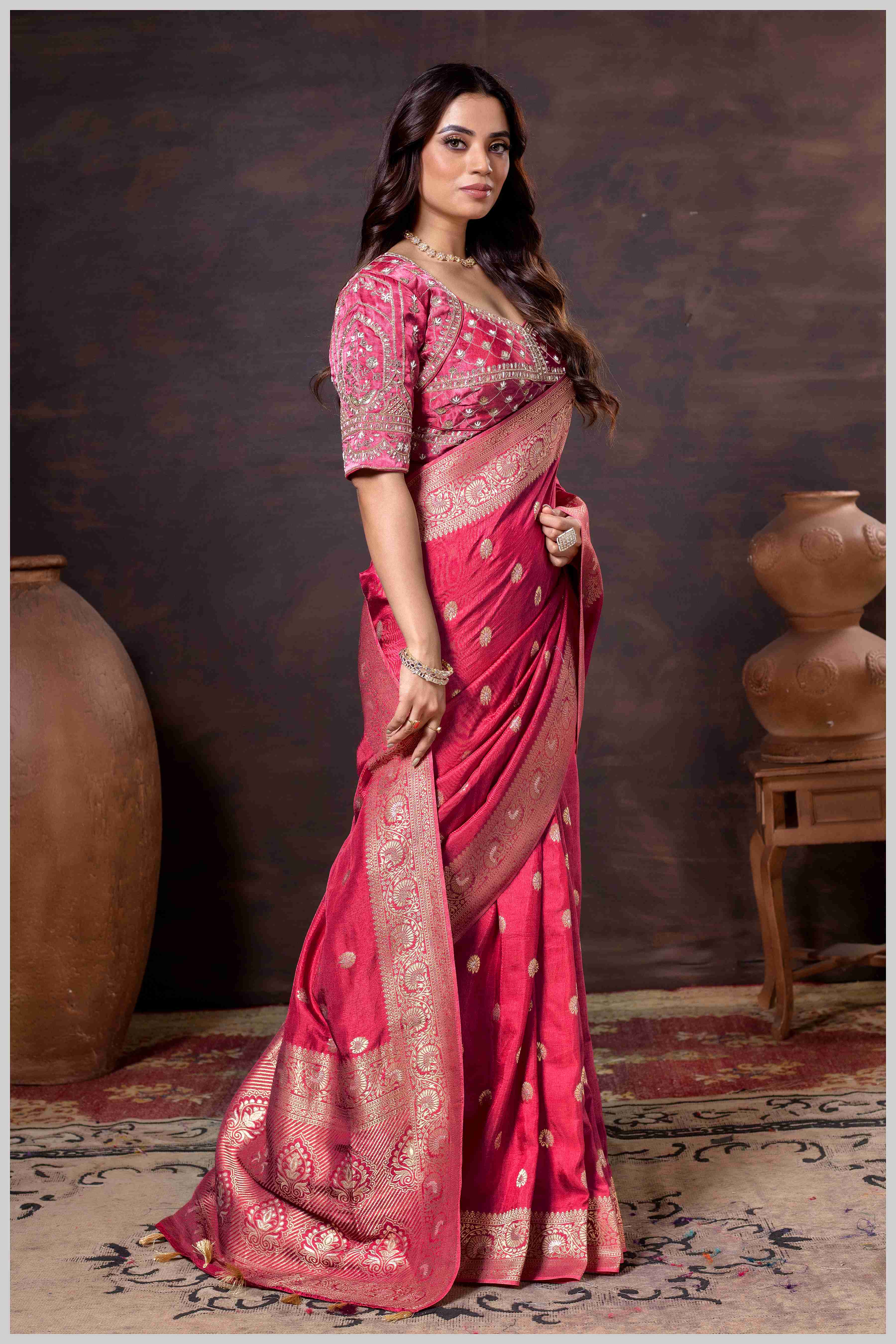 Charming Peach Banarasi Silk Saree with Embroidered Designer Blouse.