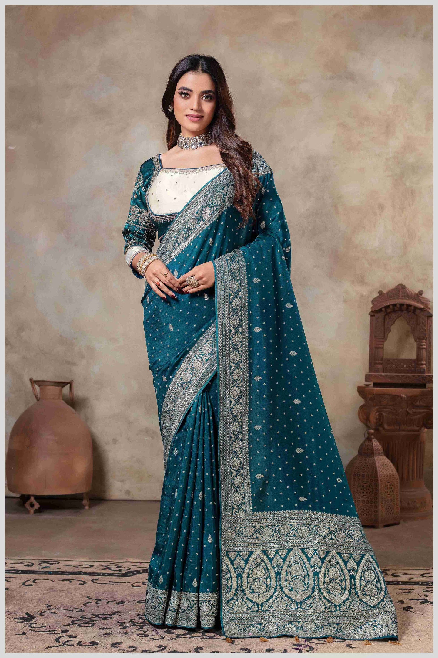 BottleGreen Banarasi Silk Saree with Stitched Blouse