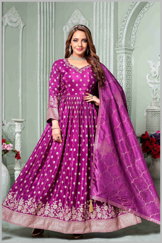 Magenta Anarkali with Antique Gold Brocade Dupatta