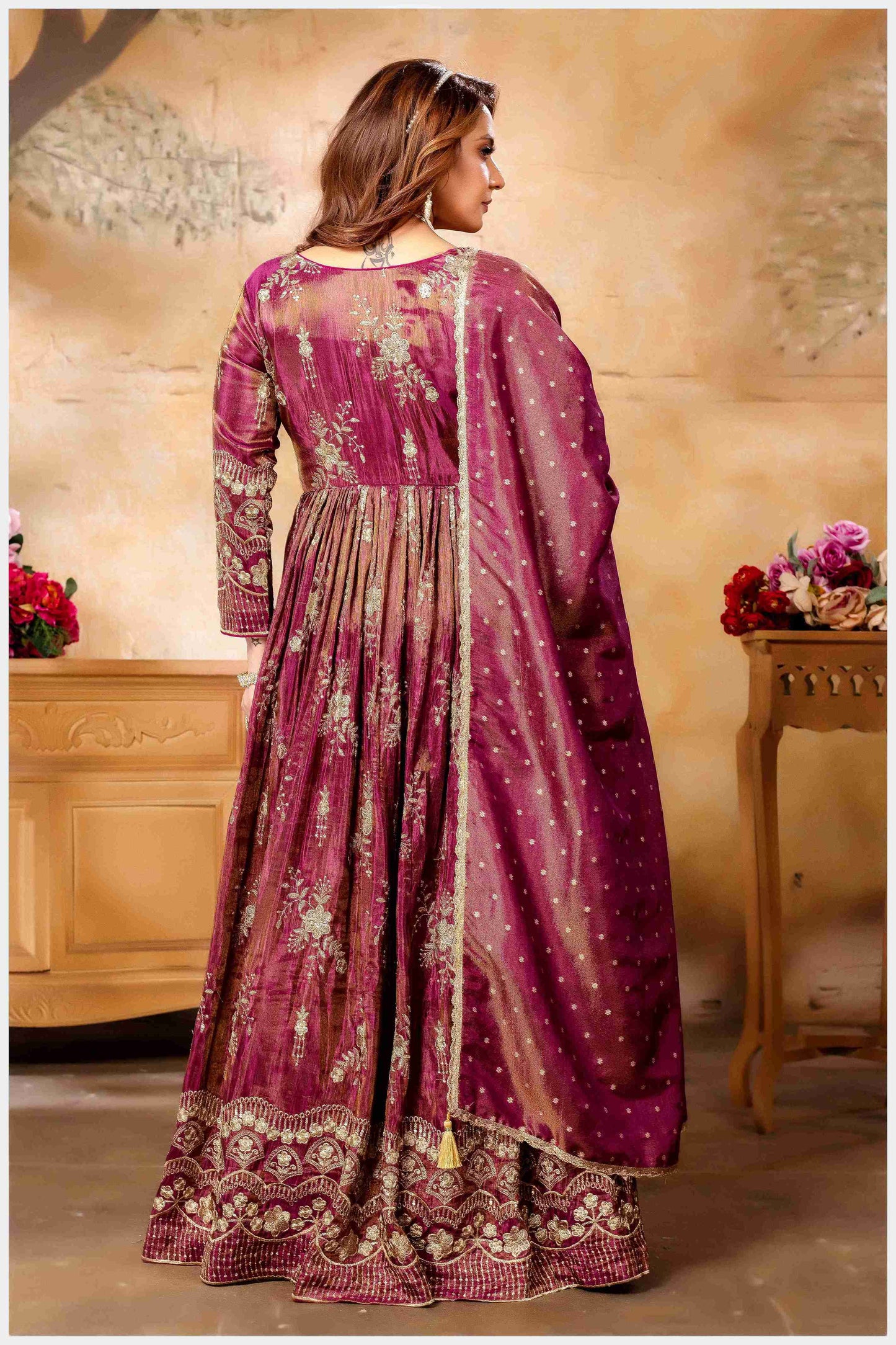 Fiery Magenta Embroidered Anarkali with Golden Accents