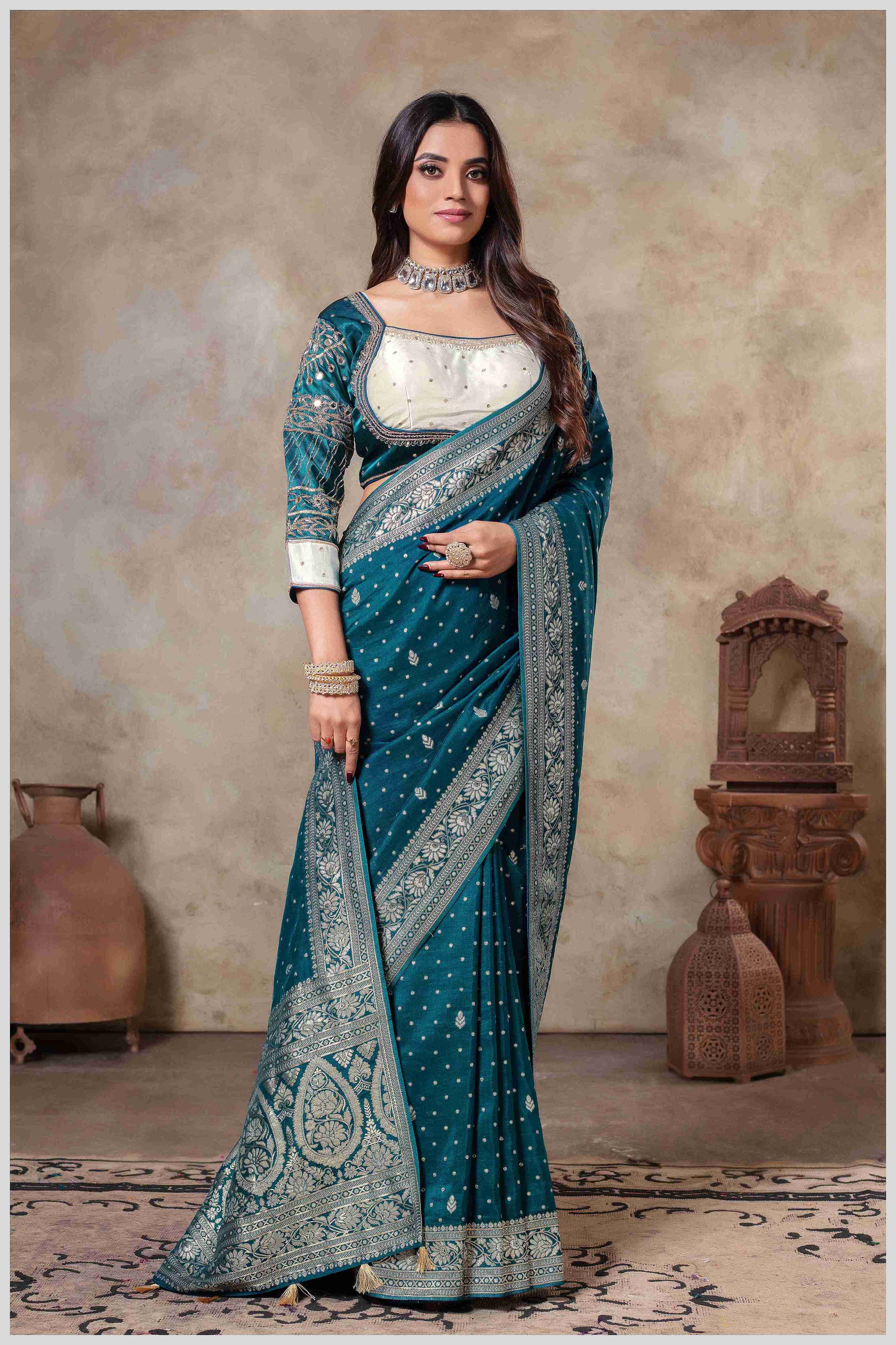 BottleGreen Banarasi Silk Saree with Stitched Blouse