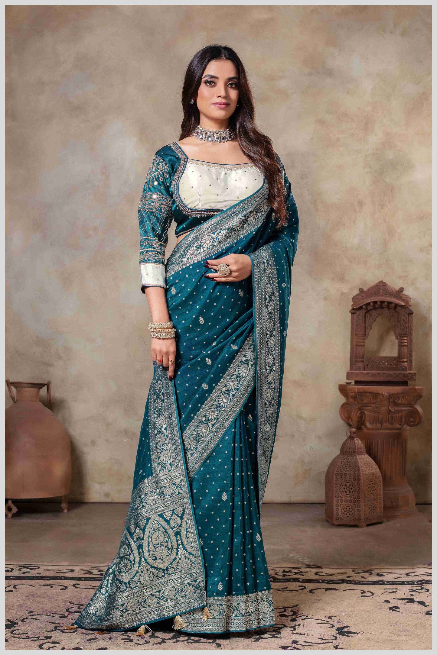 BottleGreen Banarasi Silk Saree with Stitched Blouse