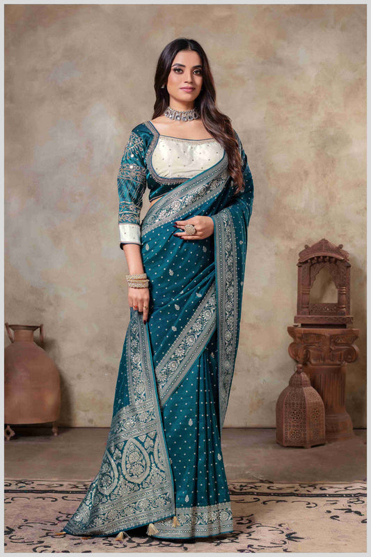 BottleGreen Banarasi Silk Saree with Stitched Blouse