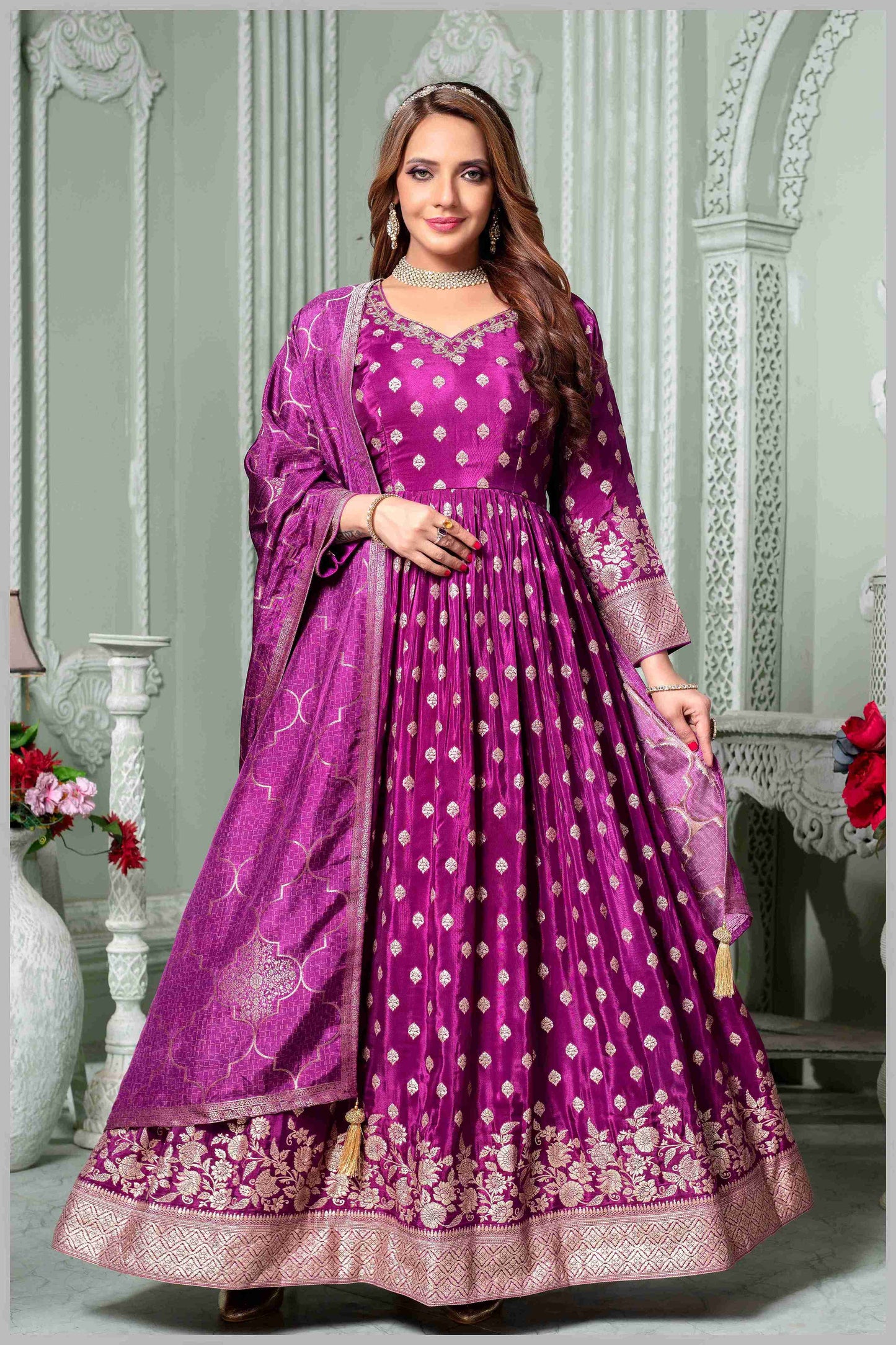 Magenta Anarkali with Antique Gold Brocade Dupatta