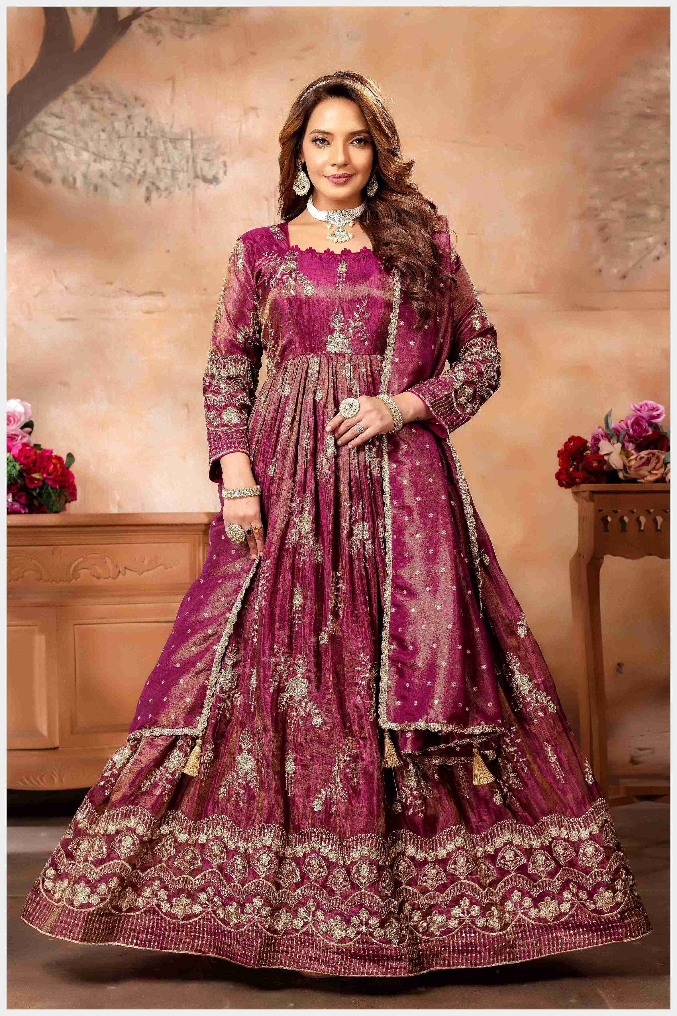 Fiery Magenta Embroidered Anarkali with Golden Accents