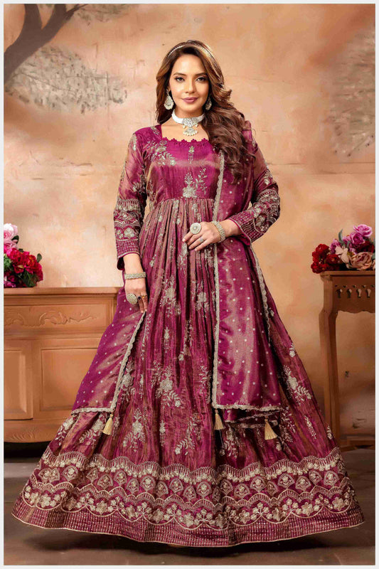 Fiery Magenta Embroidered Anarkali with Golden Accents