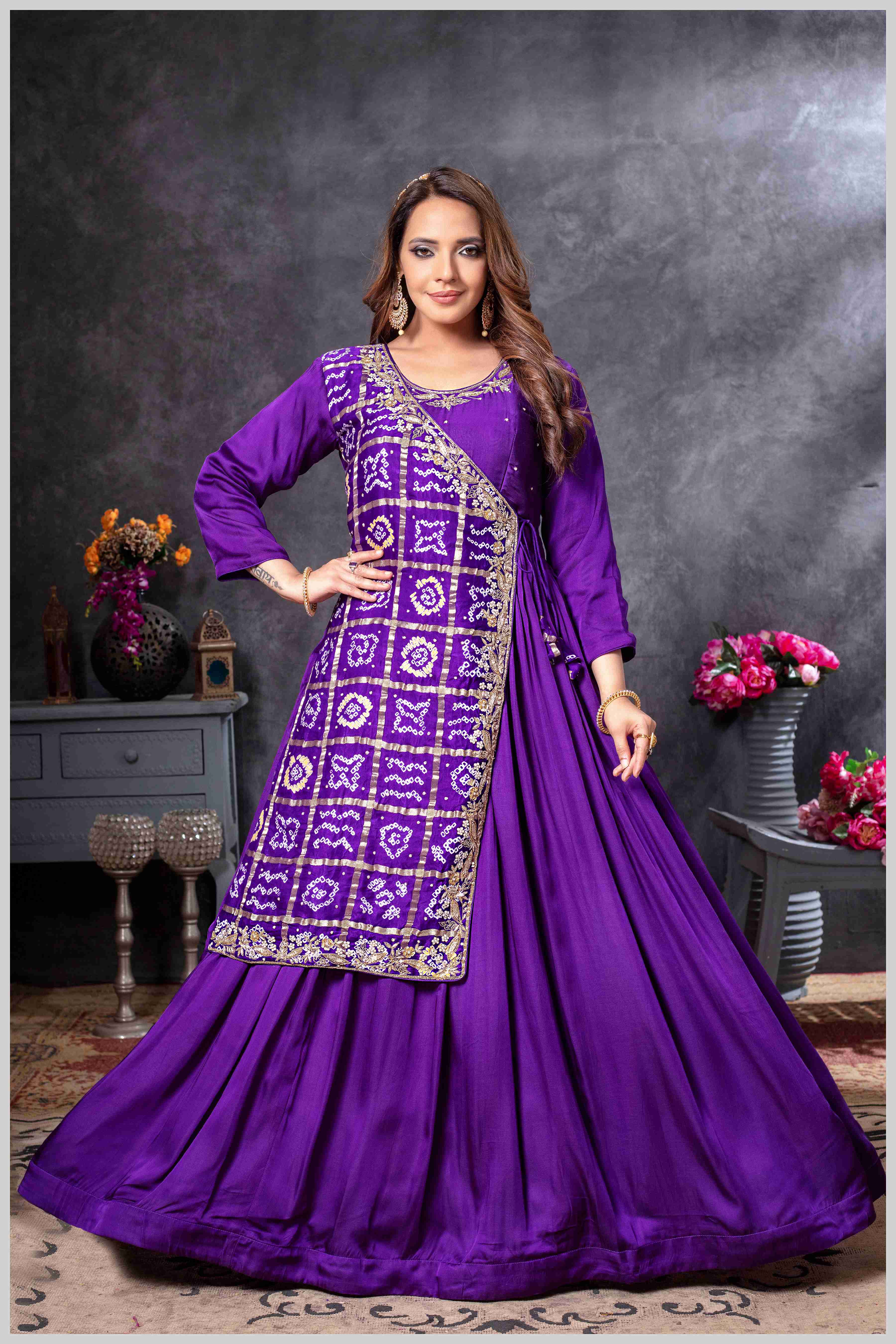 Purple Gown with Embroidered Banarasi Jacket