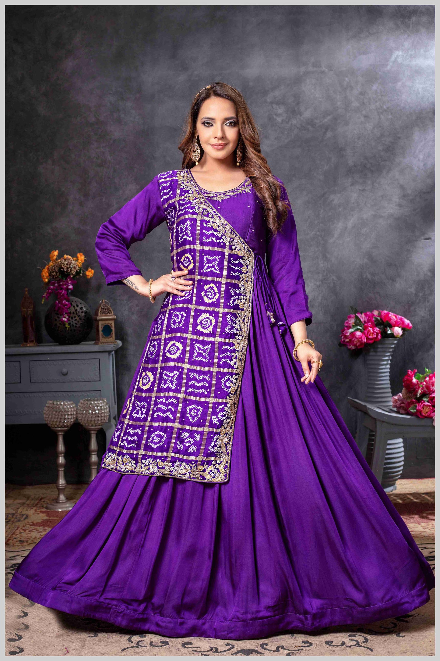 Purple Gown with Embroidered Banarasi Jacket