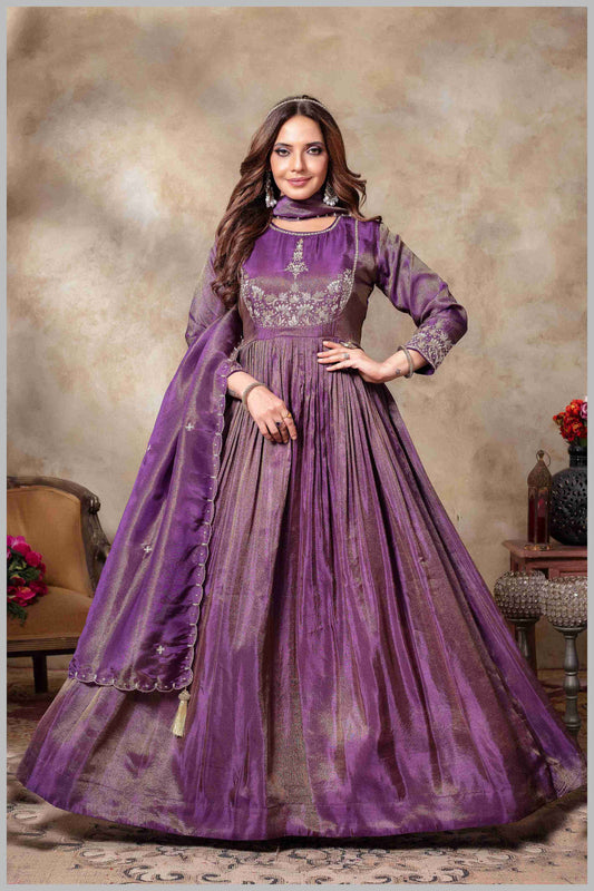 Purple Anarkali with Golden Thread Embroidery