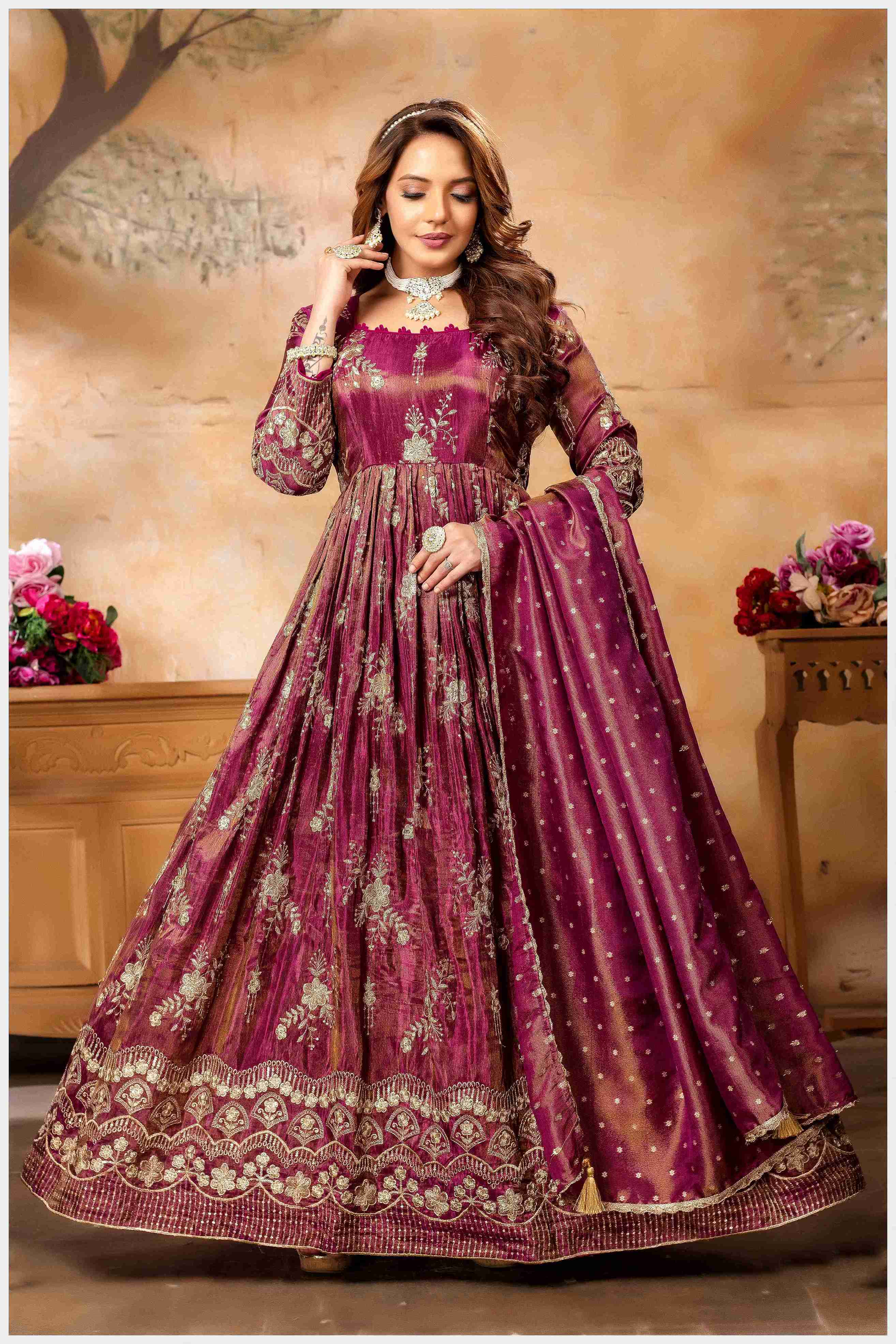 Fiery Magenta Embroidered Anarkali with Golden Accents