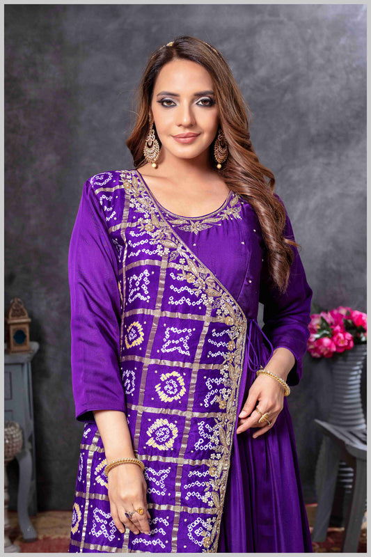Purple Gown with Embroidered Banarasi Jacket