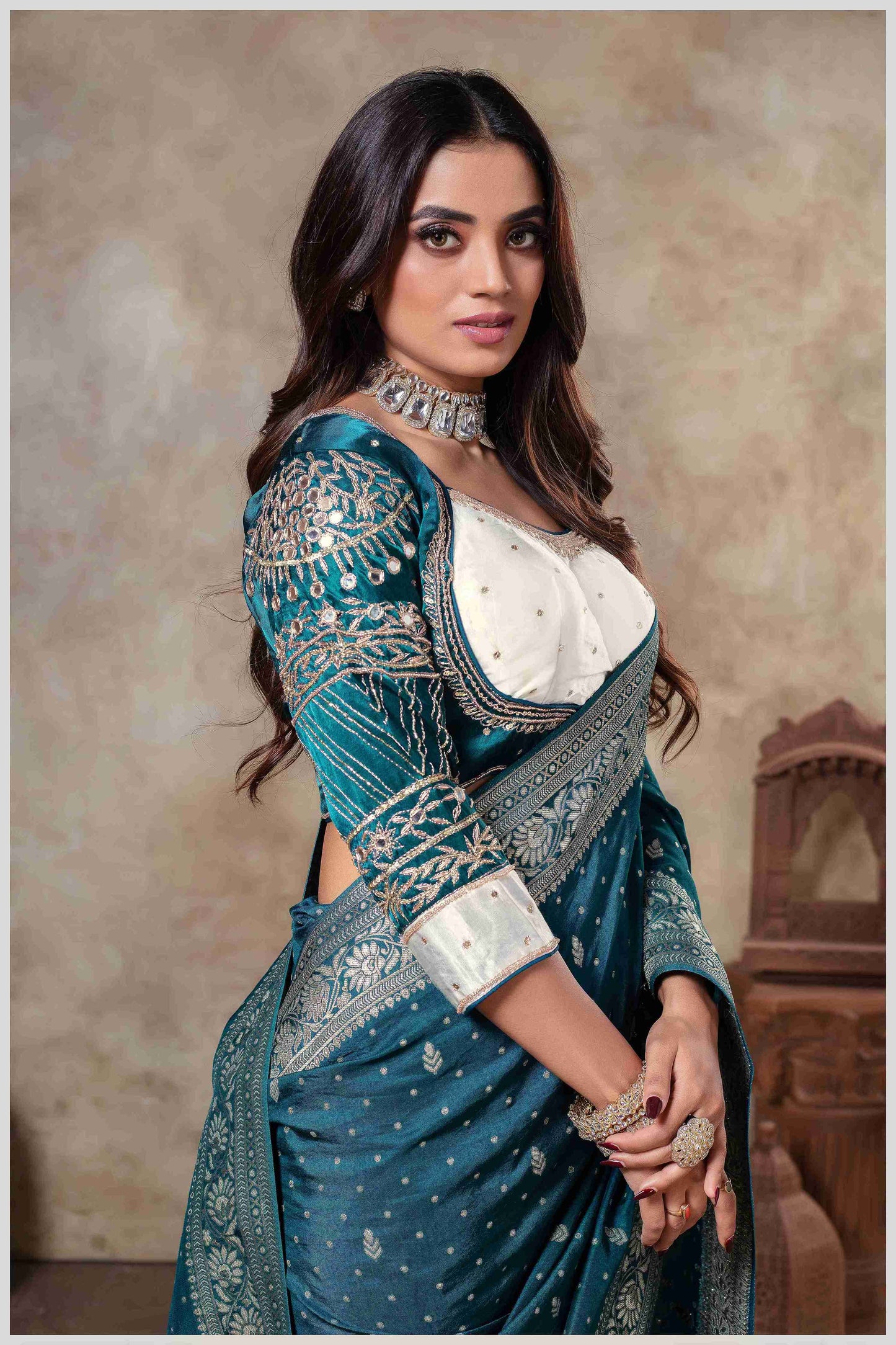 BottleGreen Banarasi Silk Saree with Stitched Blouse