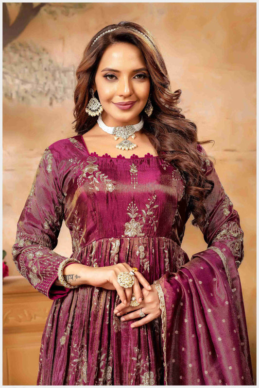Fiery Magenta Embroidered Anarkali with Golden Accents
