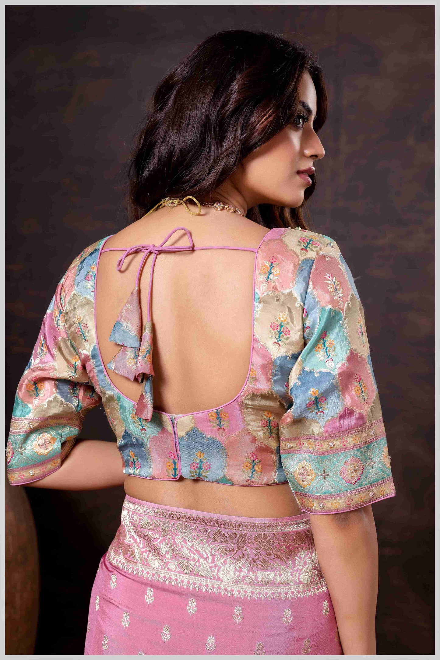 Ethereal Pink Crepe Silk Saree with Brocade Blouse & Zari Detailing