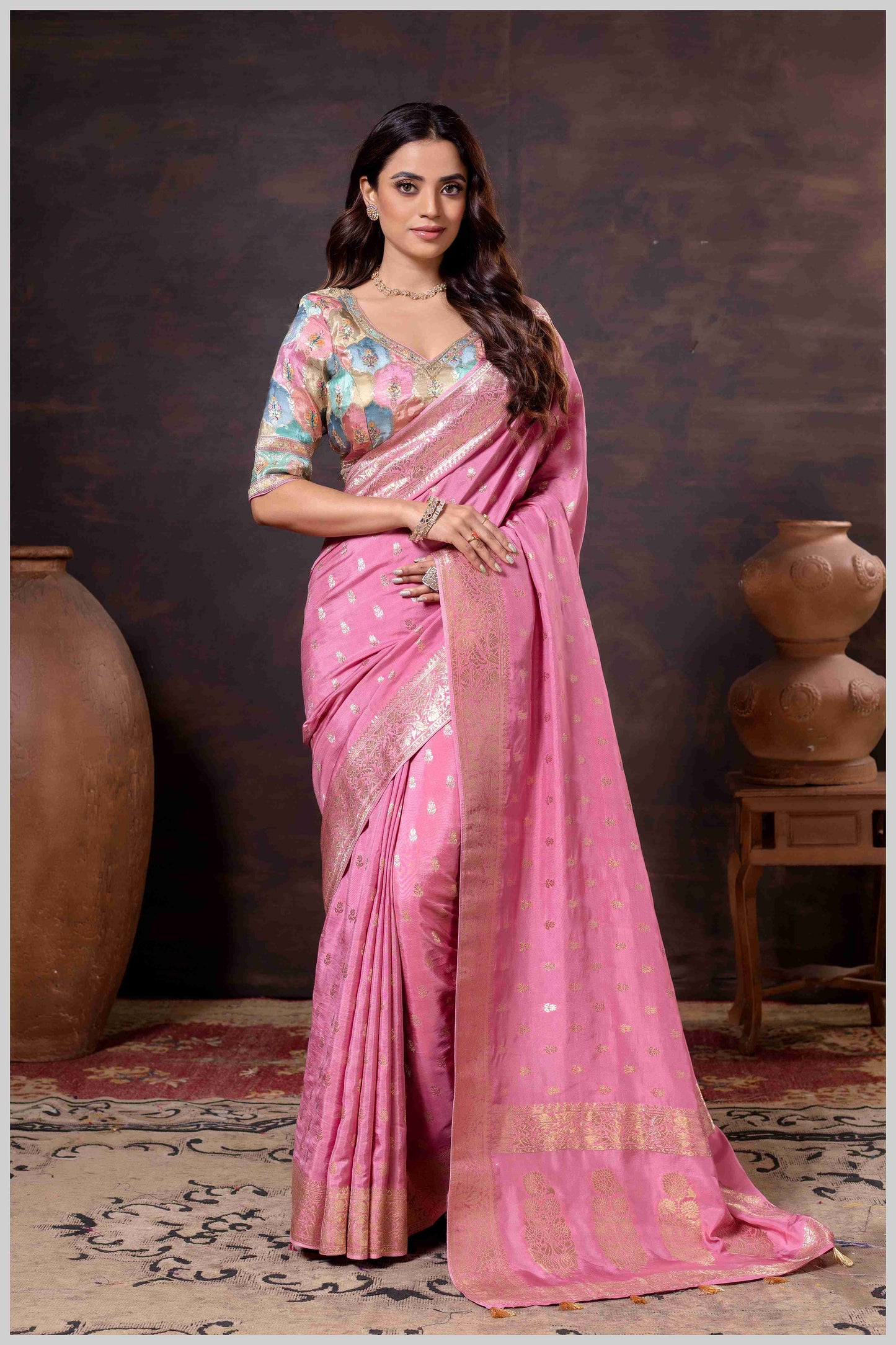 Ethereal Pink Crepe Silk Saree with Brocade Blouse & Zari Detailing
