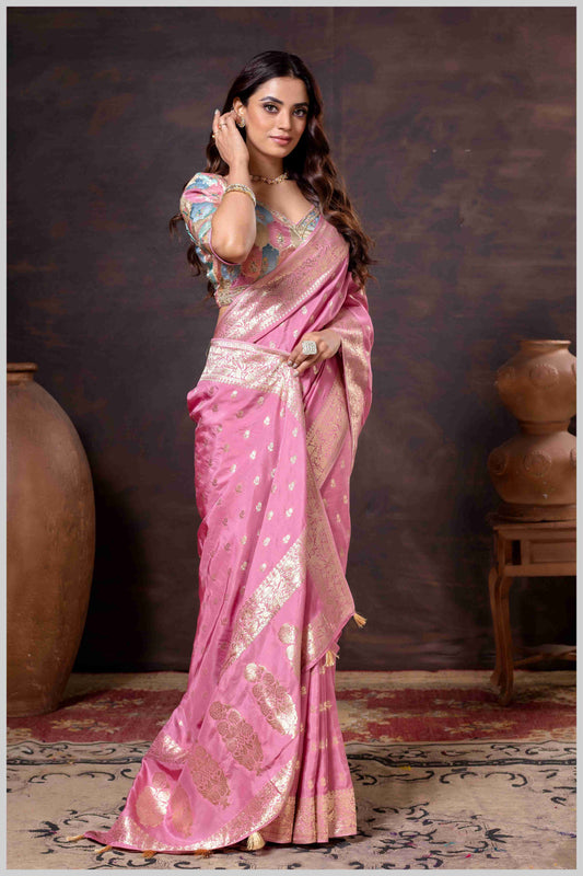 Ethereal Pink Crepe Silk Saree with Brocade Blouse & Zari Detailing