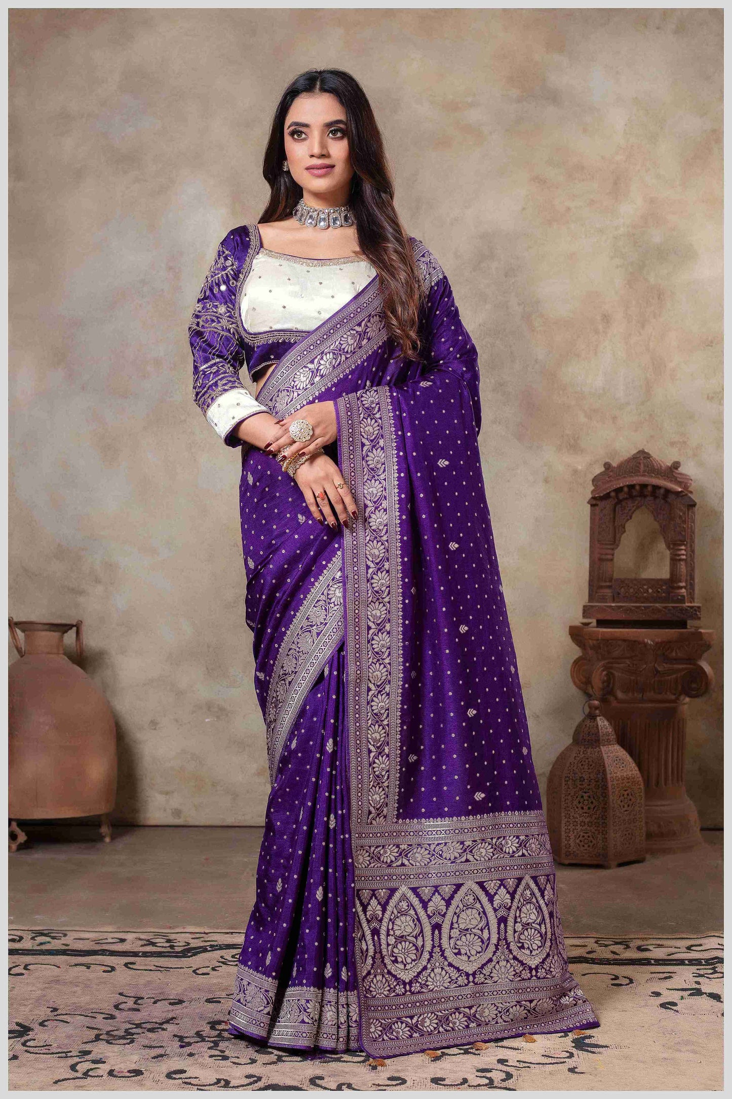 Purple Banarasi Silk Saree with Stitched Blouse